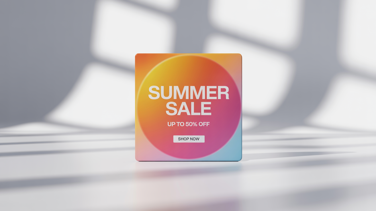 A mockup of a vibrant social media graphic for a summer sale. The square graphic has a pink and orange gradient background with the text 'SUMMER SALE' and 'UP TO 50% OFF' displayed on a clean white surface.