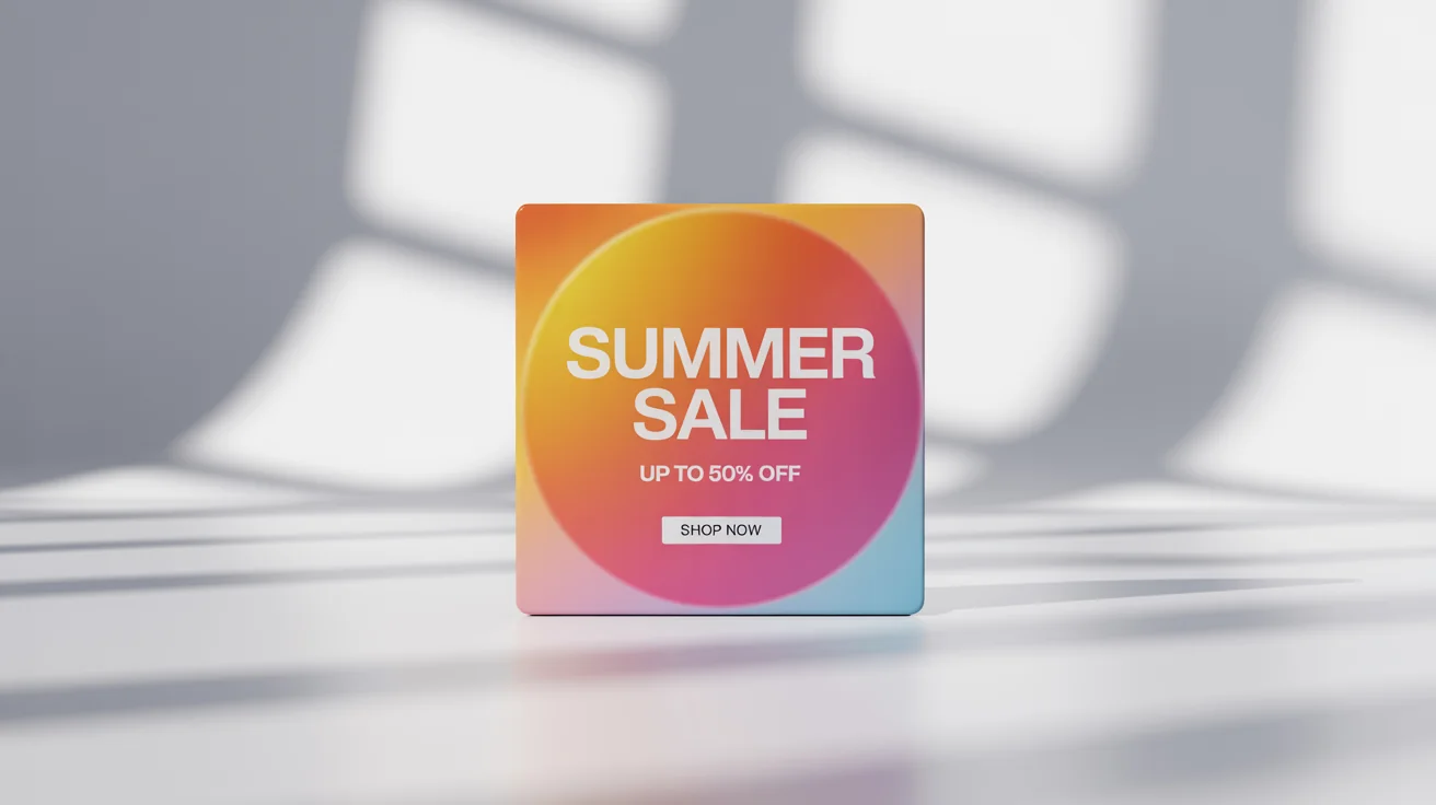 A mockup of a vibrant social media graphic for a summer sale. The square graphic has a pink and orange gradient background with the text 'SUMMER SALE' and 'UP TO 50% OFF' displayed on a clean white surface.