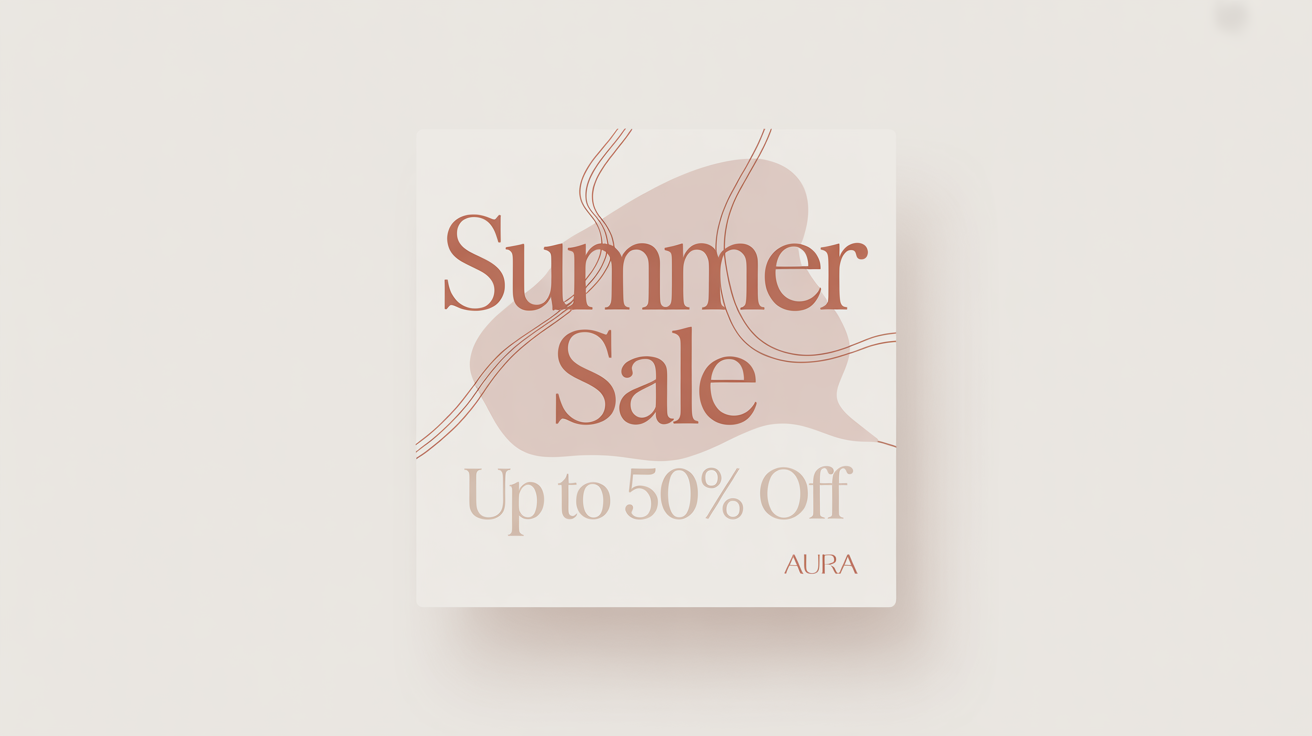 A stylish social media graphic for a summer sale. The graphic has a modern design with the text 'SUMMER SALE' and 'Up to 50% Off' in a clean font, set against a background of abstract shapes in terracotta and beige colors.
