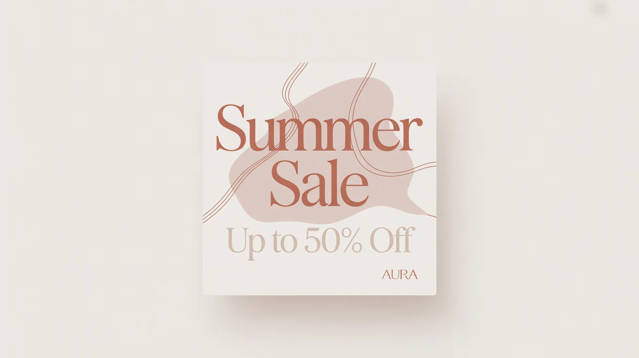 A stylish social media graphic for a summer sale. The graphic has a modern design with the text 'SUMMER SALE' and 'Up to 50% Off' in a clean font, set against a background of abstract shapes in terracotta and beige colors.
