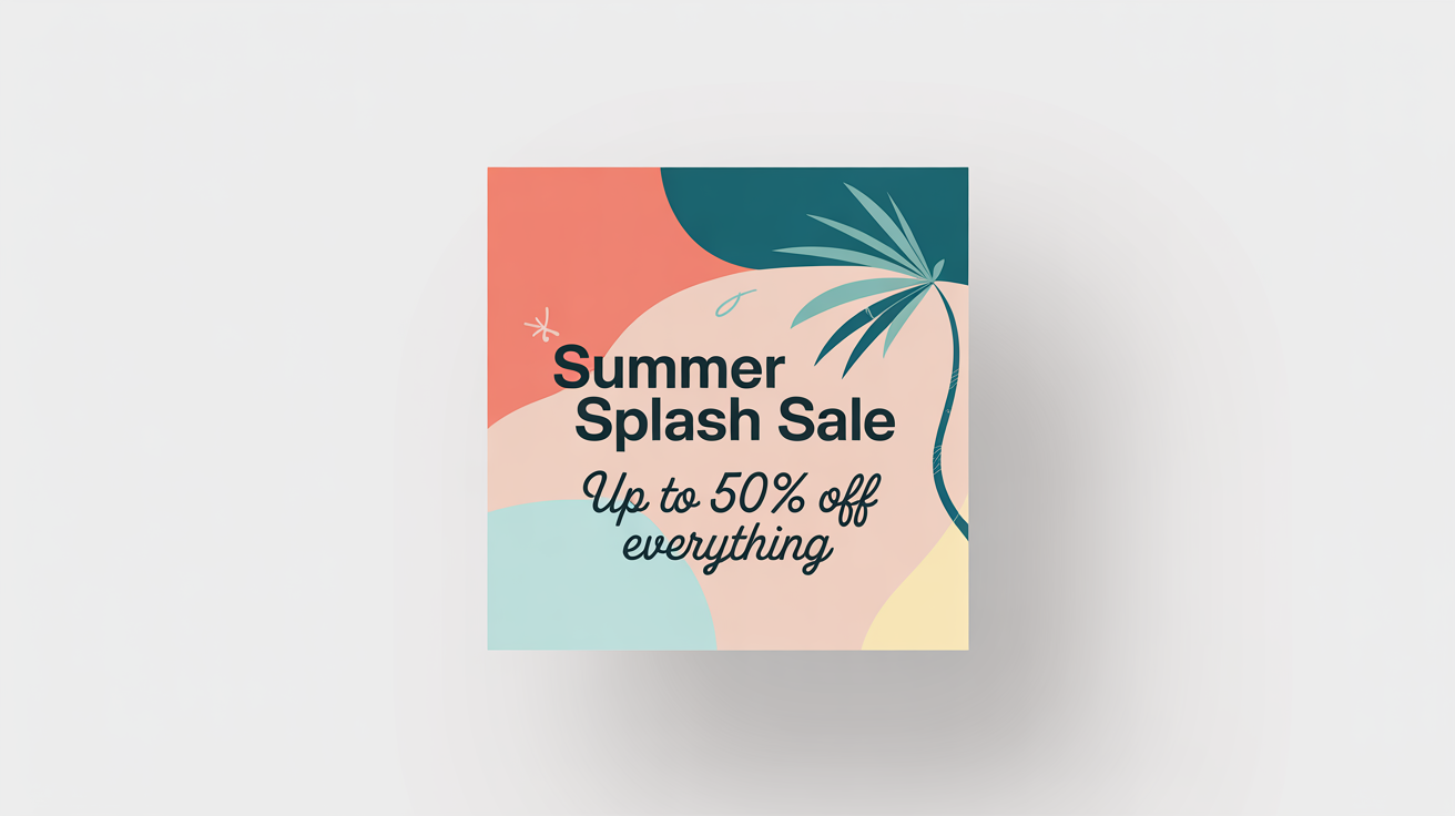 A mockup of a square social media graphic for a 'Summer Splash Sale', featuring modern text and abstract pastel shapes on a white background.