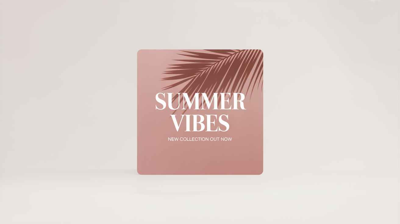 A mockup of a chic social media graphic for a new collection announcement. The graphic has a dusty rose background, a palm leaf shadow, and text that reads 'SUMMER VIBES' and 'New Collection Out Now'.