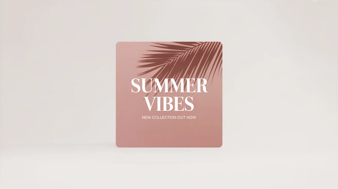 A mockup of a chic social media graphic for a new collection announcement. The graphic has a dusty rose background, a palm leaf shadow, and text that reads 'SUMMER VIBES' and 'New Collection Out Now'.