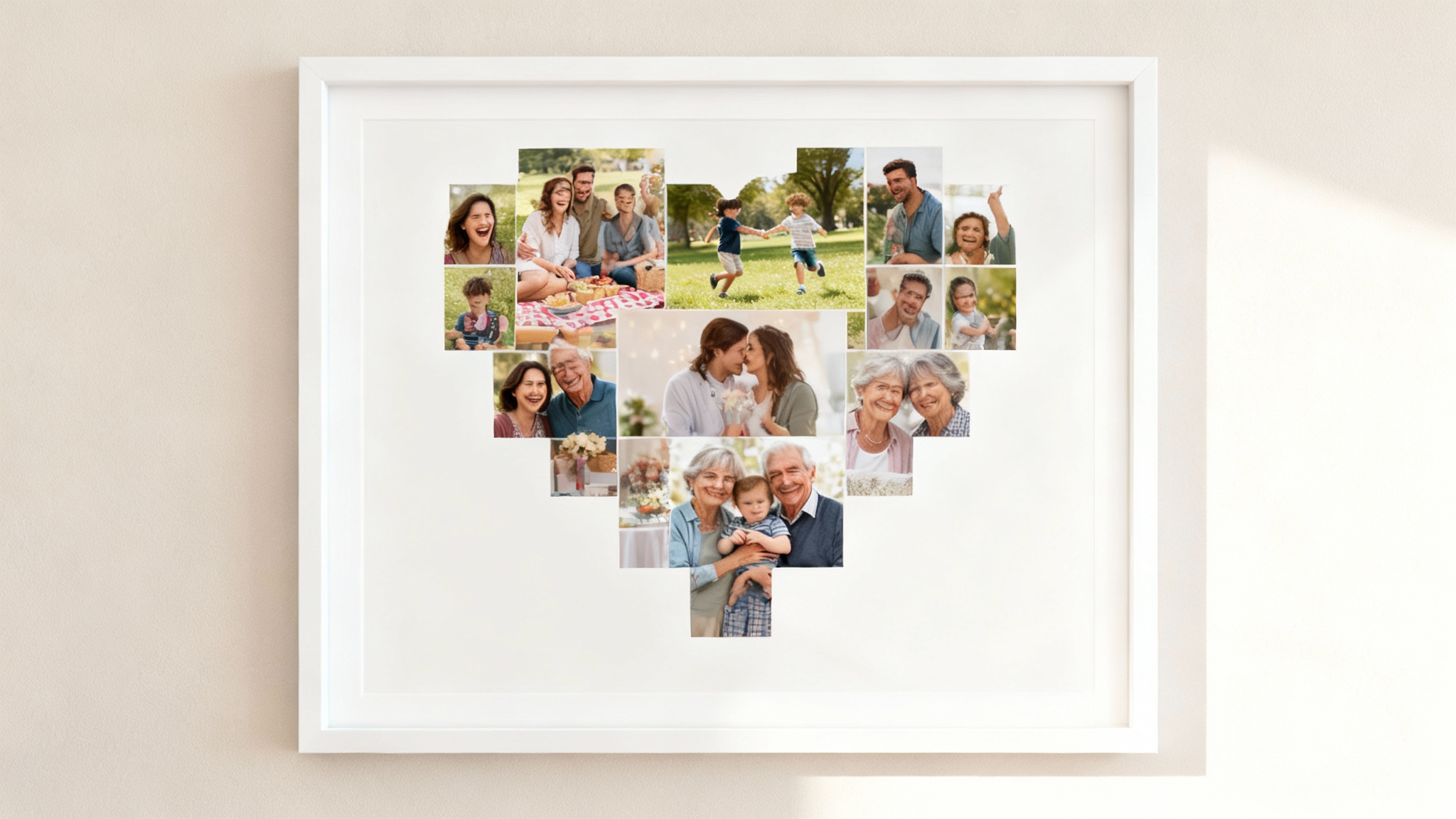 A professionally framed heart-shaped family photo collage, displayed as a final, high-quality print against a clean wall. The photos show happy family moments.