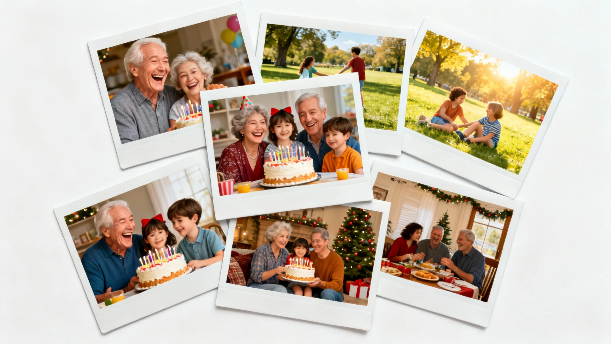 A heartwarming family photo collage mockup, with overlapping instant-style photos of a happy, diverse family, arranged on a white background.