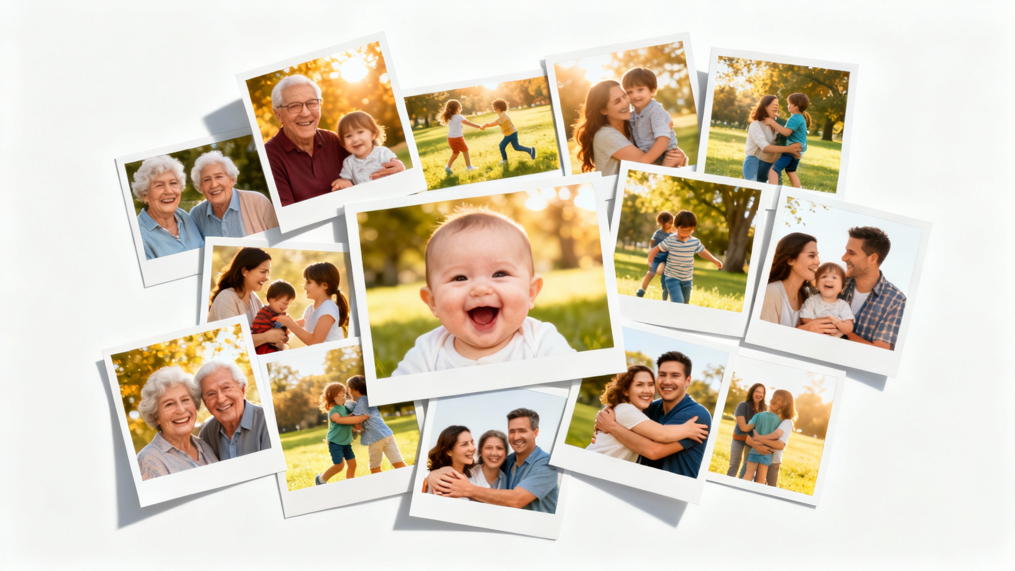 A heartwarming family photo collage featuring multiple pictures of a happy, multi-generational family, displayed as a physical print mockup on a clean white background.