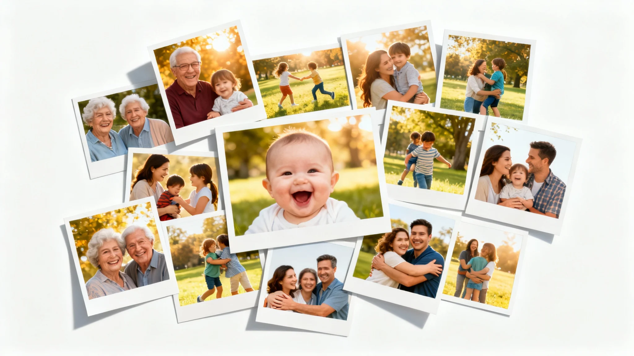 A heartwarming family photo collage featuring multiple pictures of a happy, multi-generational family, displayed as a physical print mockup on a clean white background.