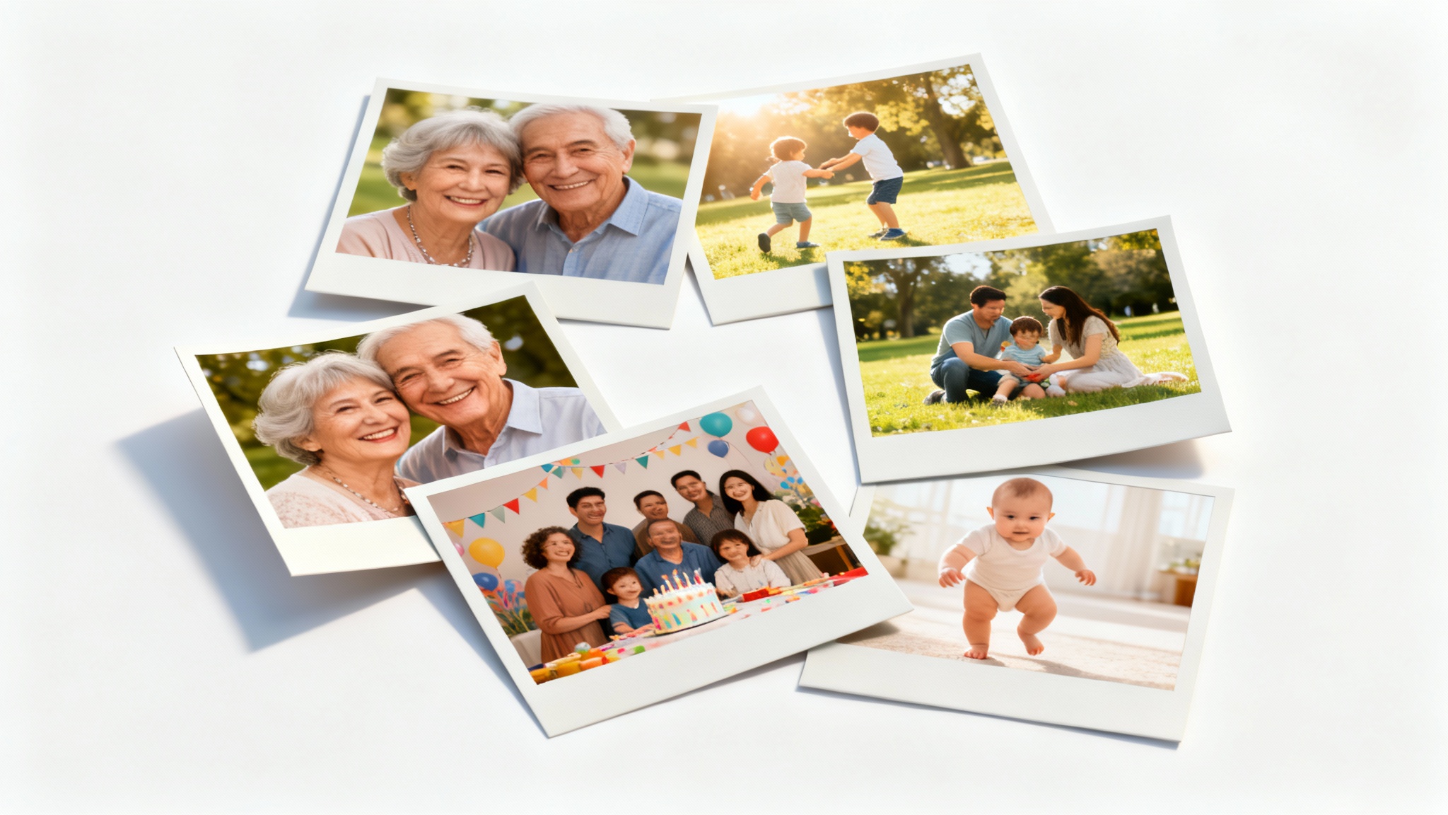 A vibrant and heartwarming family photo collage featuring multiple pictures of a diverse, multi-generational family enjoying various activities, arranged artfully on a plain white background.