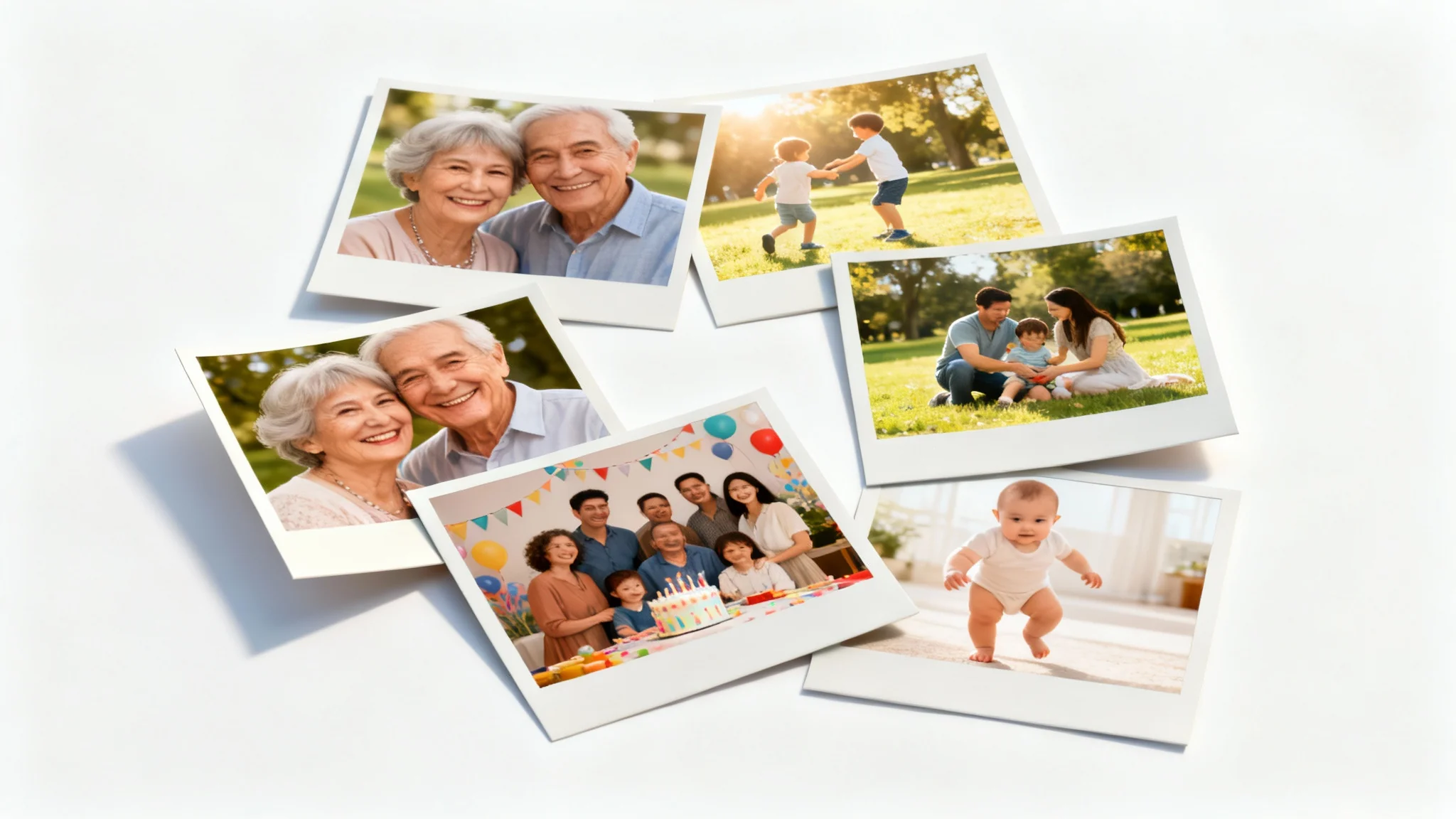 A vibrant and heartwarming family photo collage featuring multiple pictures of a diverse, multi-generational family enjoying various activities, arranged artfully on a plain white background.