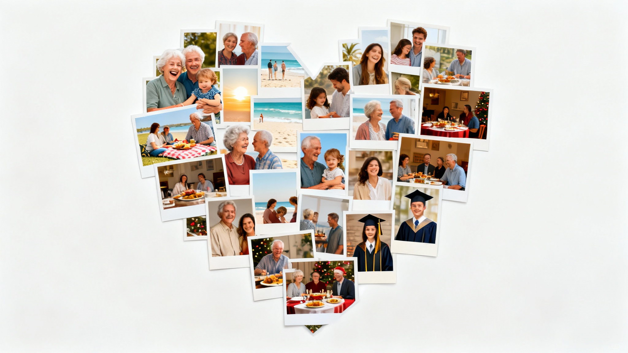 A heartwarming photo collage in the shape of a heart, featuring numerous pictures of joyful family moments like vacations, holidays, and celebrations, on a clean white background.