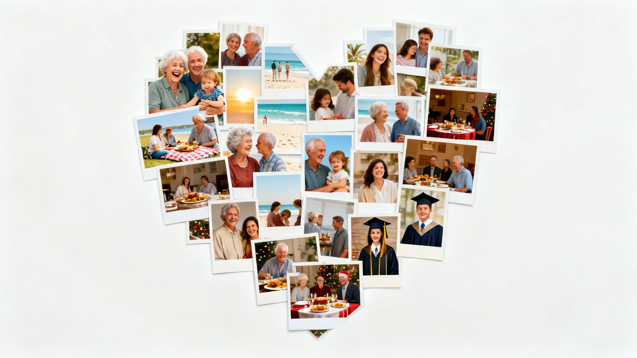 A heartwarming photo collage in the shape of a heart, featuring numerous pictures of joyful family moments like vacations, holidays, and celebrations, on a clean white background.