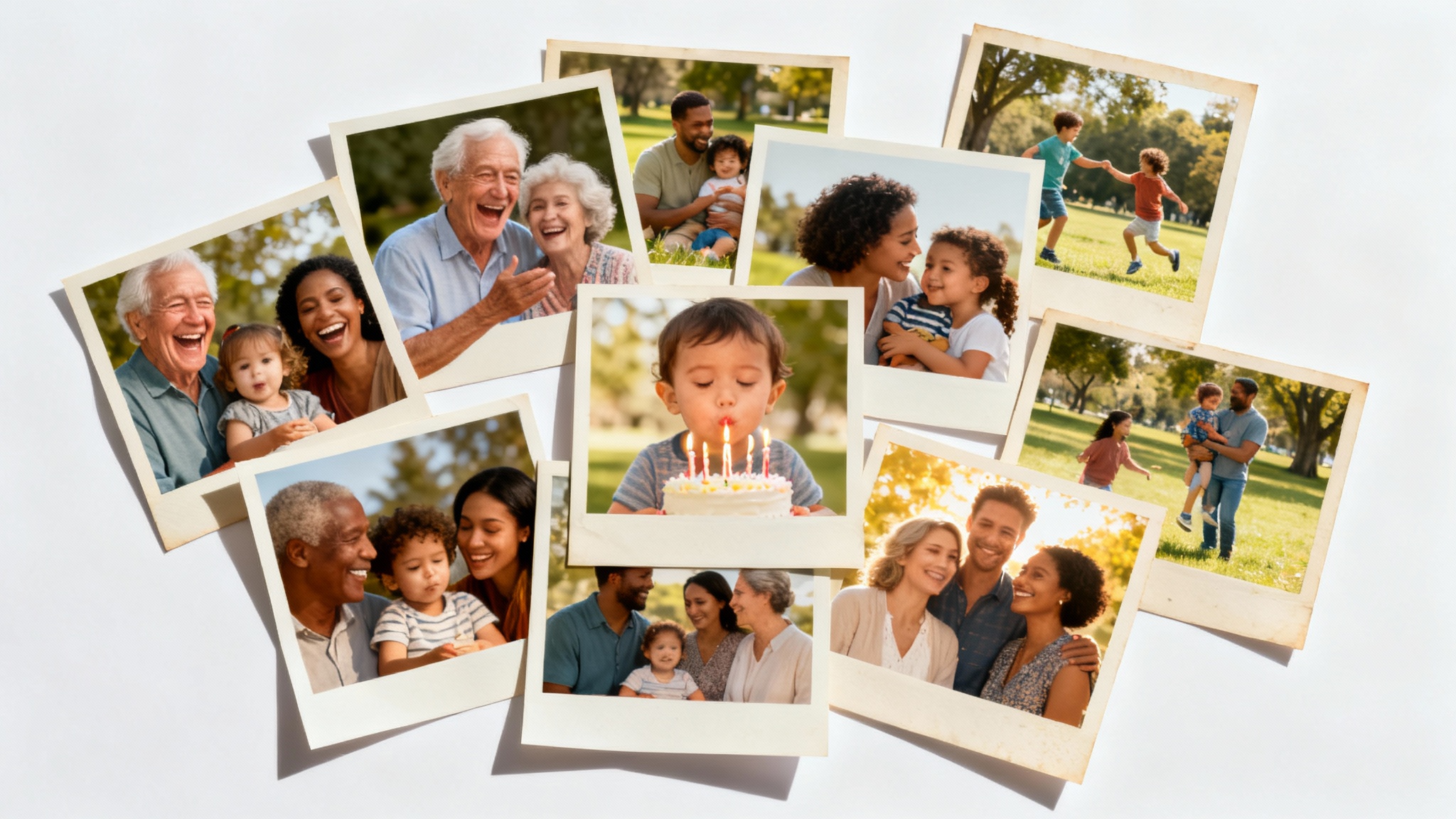 A heartwarming family photo collage laid out on a white surface, featuring various pictures of a multi-generational family enjoying life events and happy moments together.