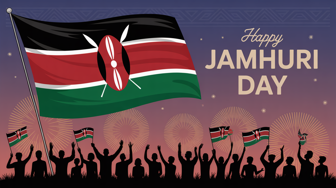 A celebratory graphic for Kenya's Jamhuri Day, featuring a waving Kenyan flag, silhouettes of a celebrating crowd, and the text 'HAPPY JAMHURI DAY' in a polished, modern design.