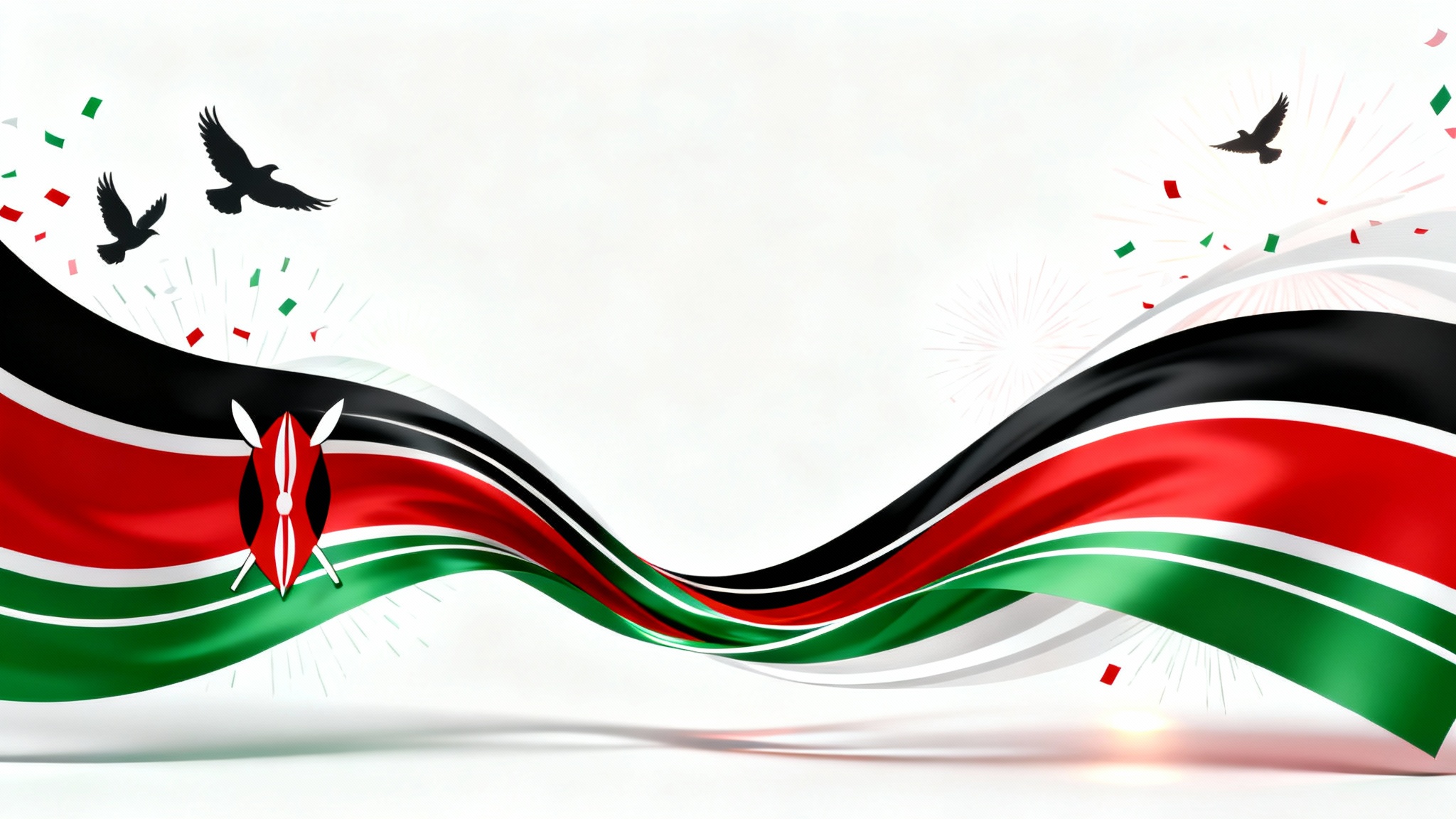 A modern and celebratory Jamhuri Day background featuring abstract swirls of black, red, and green ribbons on a clean white backdrop, symbolizing the Kenyan flag.