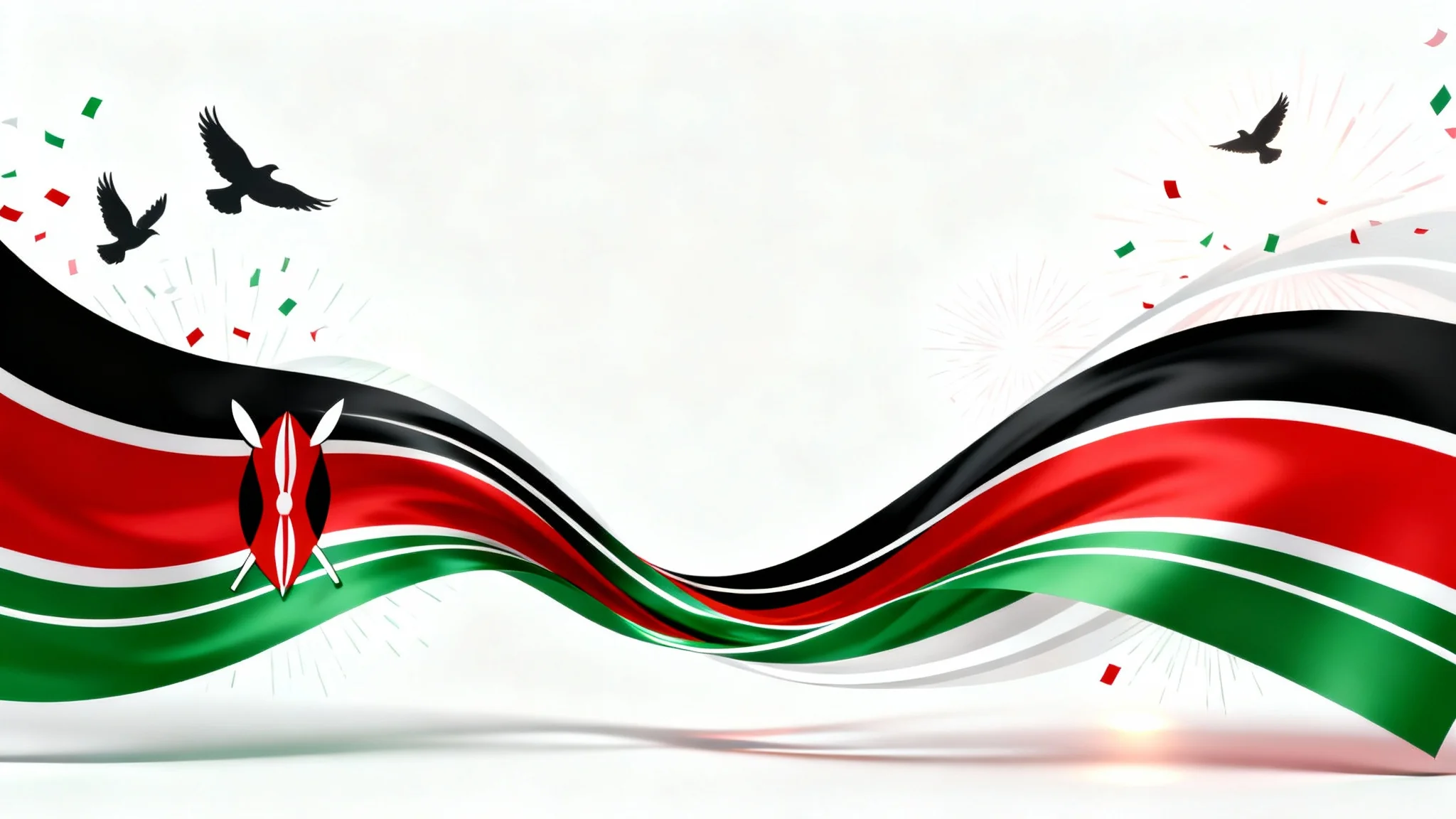 A modern and celebratory Jamhuri Day background featuring abstract swirls of black, red, and green ribbons on a clean white backdrop, symbolizing the Kenyan flag.