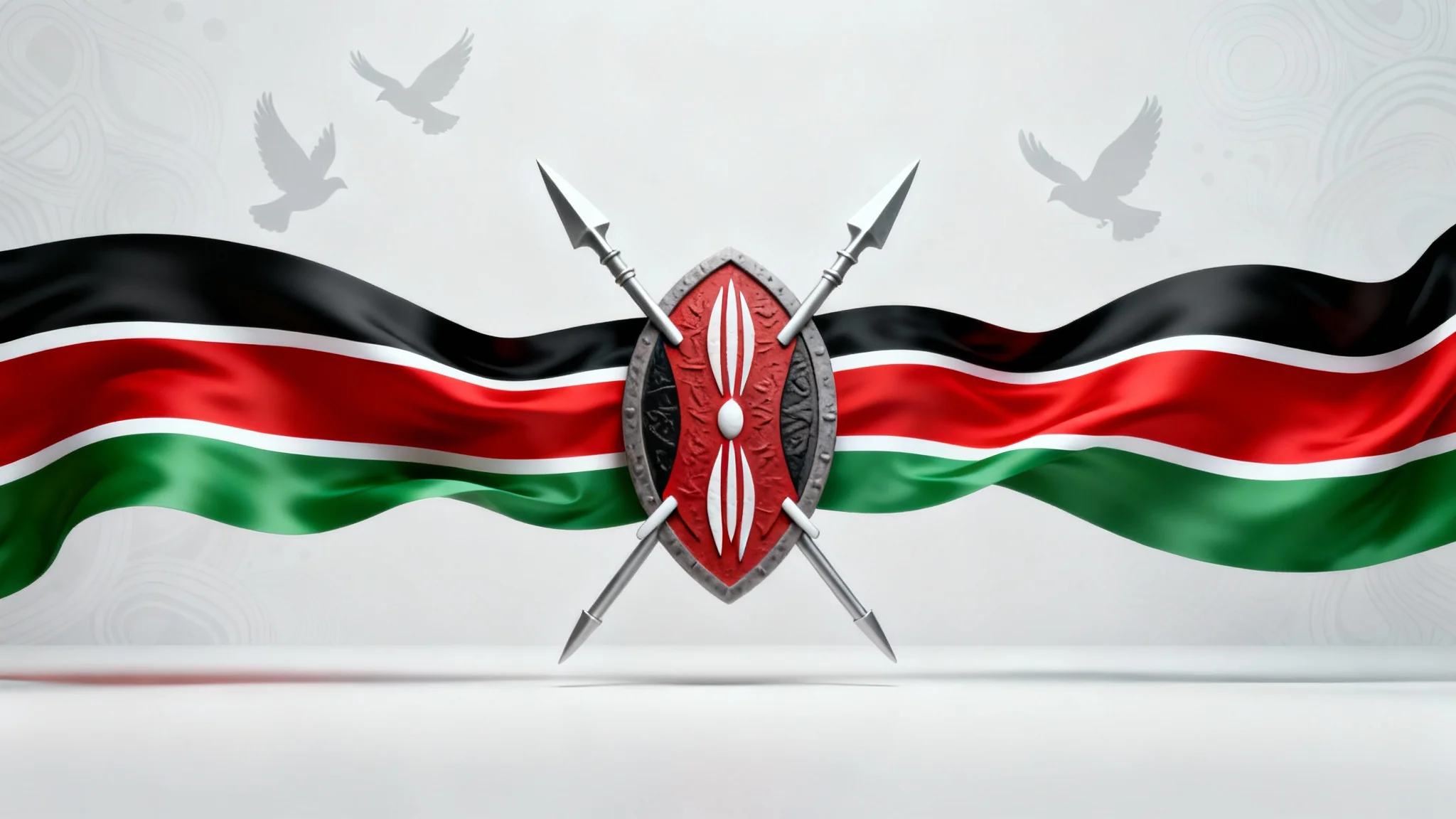 A modern digital background design for Jamhuri Day, featuring the colors of the Kenyan flag in sweeping curves and a central Maasai shield with spears, displayed against a white background.