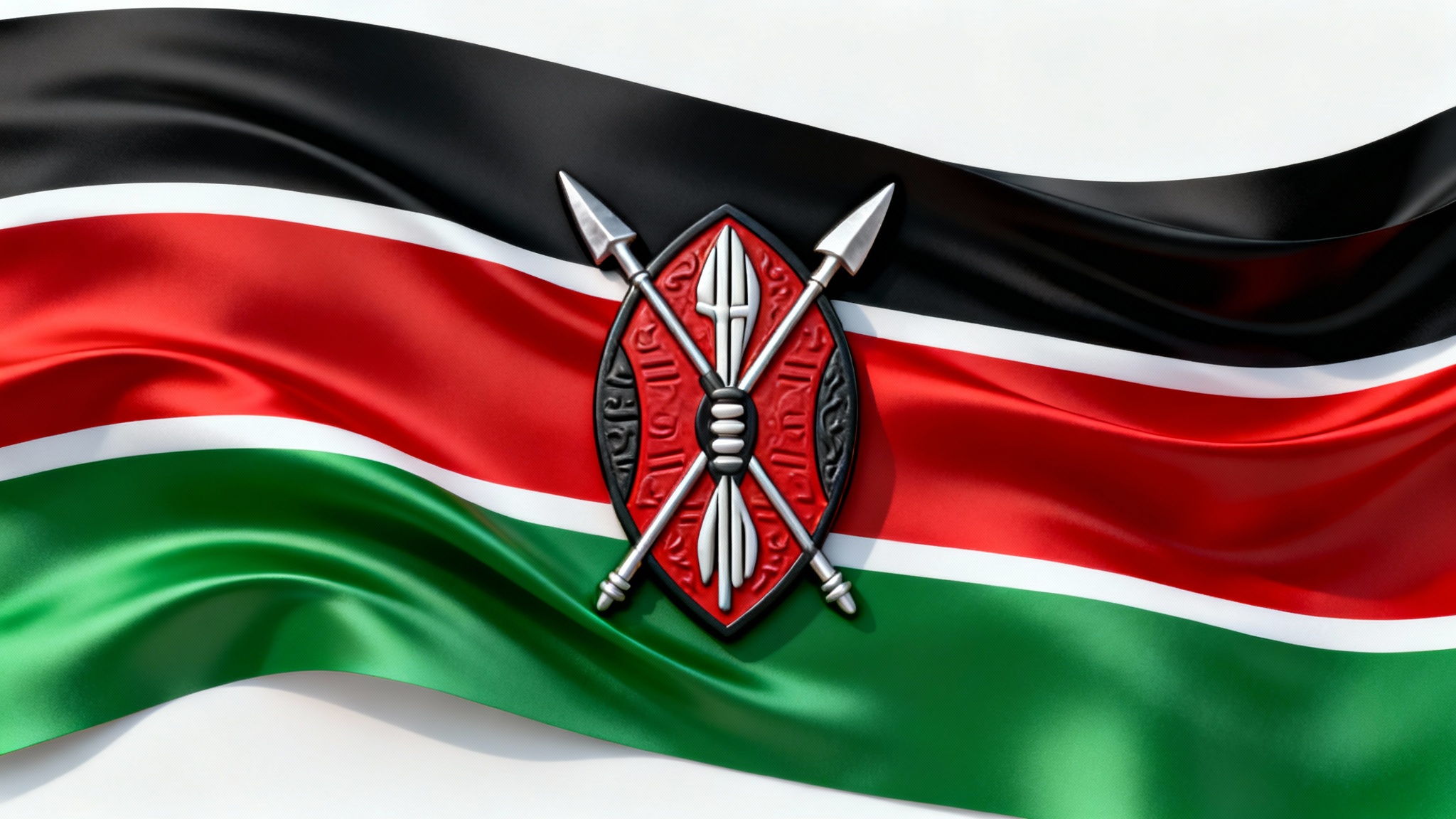 A modern and patriotic Jamhuri Day background mockup, showcasing abstract waves in the colors of the Kenyan flag, black, red, and green, with a central Maasai shield emblem, all against a clean white background.