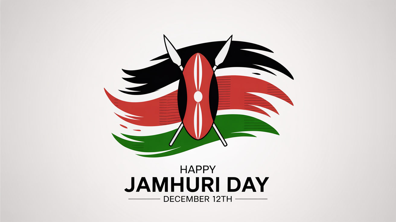 A modern graphic background design for Jamhuri Day, featuring abstract shapes in the colors of the Kenyan flag, a central Maasai shield, and the text 'Happy Jamhuri Day'.