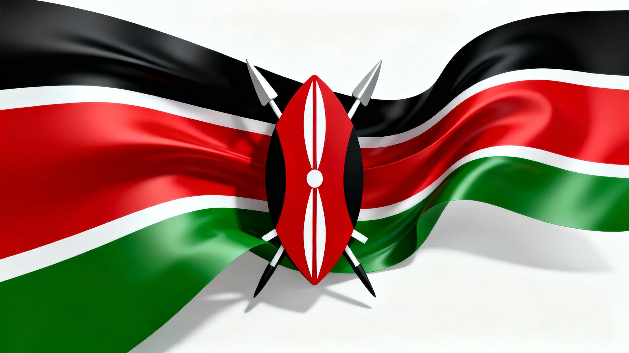 A festive background design for Jamhuri Day, featuring abstract swirls in the colors of the Kenyan flag, black, red, and green, along with a stylized Maasai shield and spears, set against a clean white backdrop.