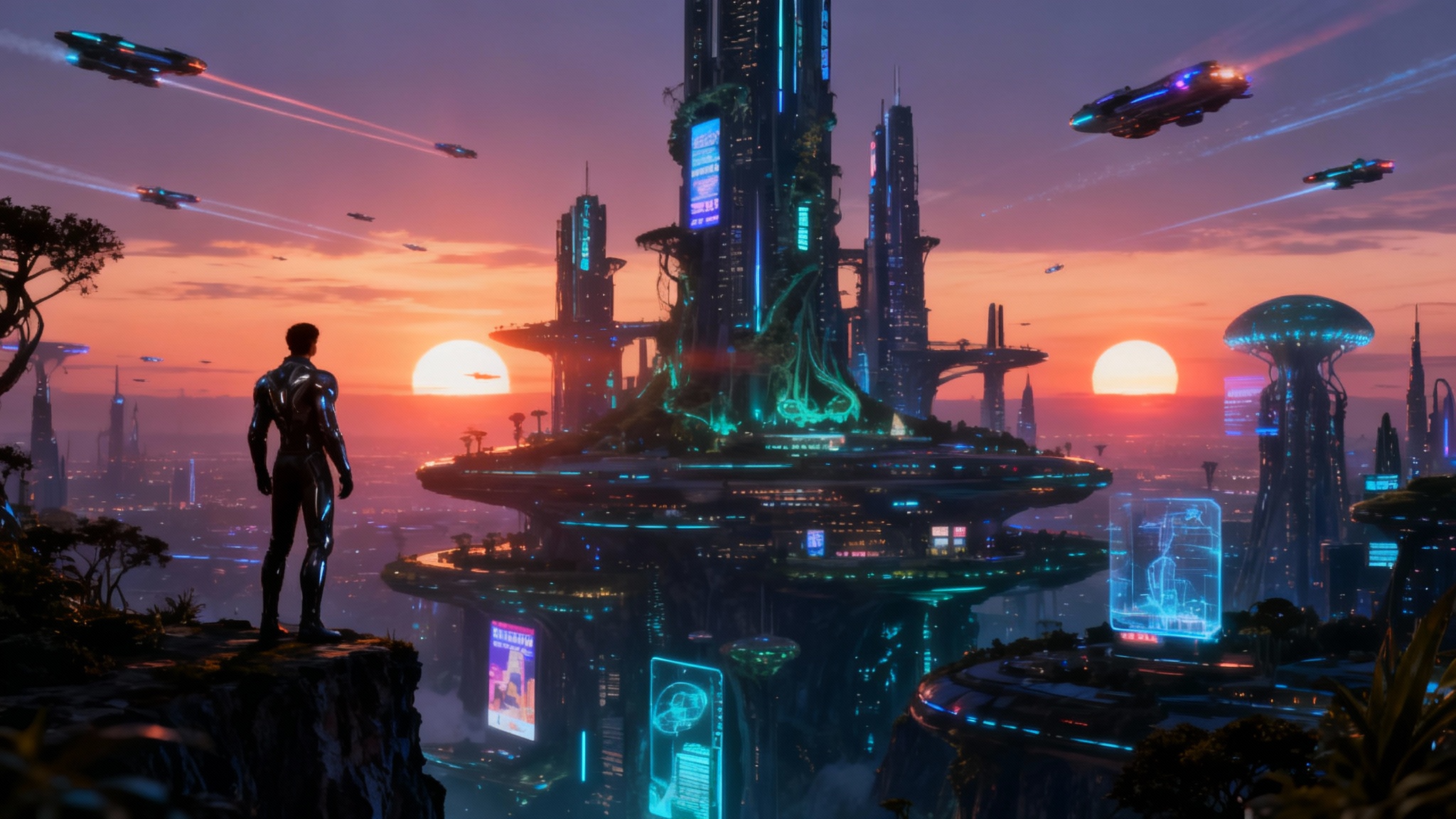 A breathtaking cinematic still from a science-fiction film, showing a person in a futuristic suit looking out over a vast, neon-lit alien city at sunset. The image has a professional, polished look with dramatic lighting and a 16:9 aspect ratio.