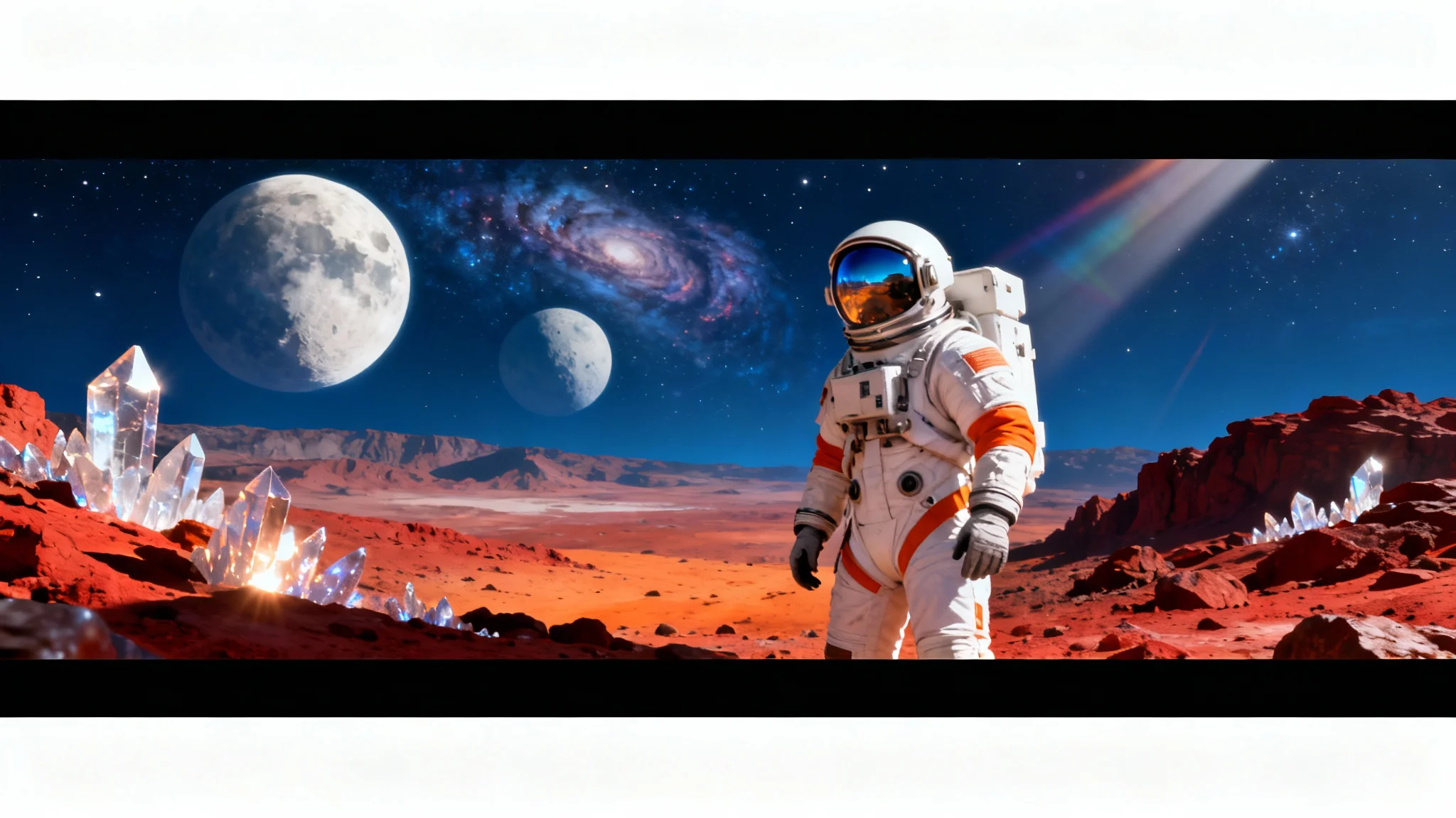 A cinematic still from a science fiction movie showing an astronaut standing on a red alien planet with two moons in the sky, presented as a mockup on a white background.