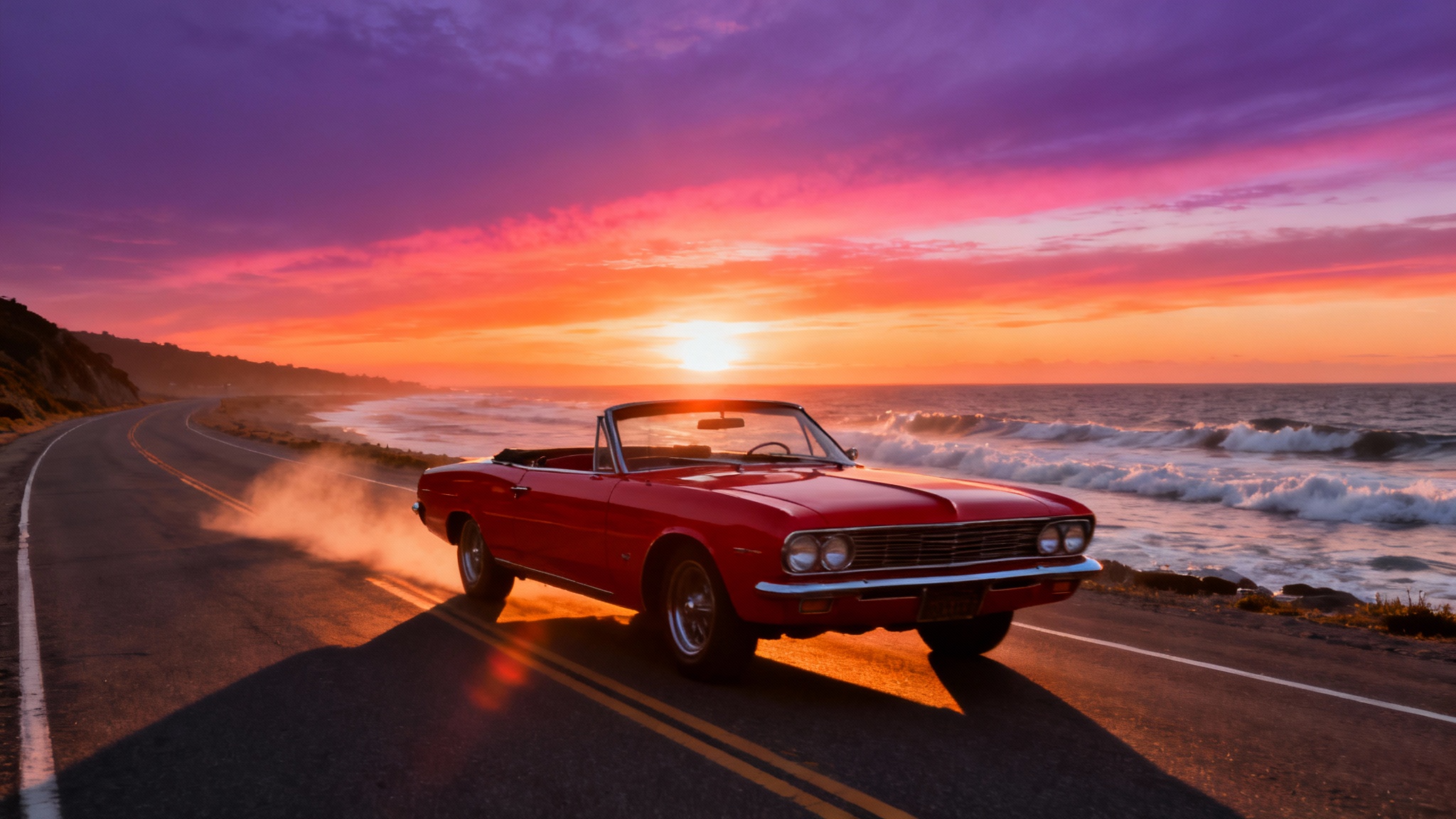 A cinematic photo of a red convertible driving along a coastal highway at sunset, evoking a sense of adventure and freedom.