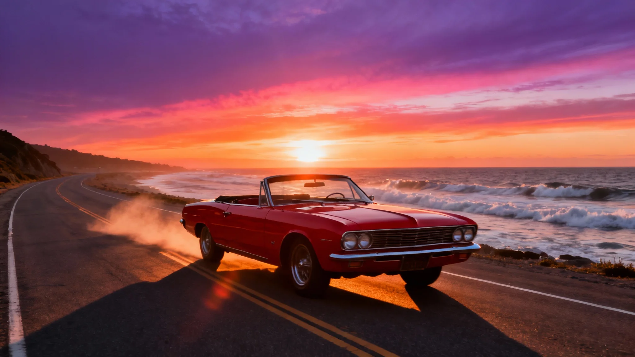 A cinematic photo of a red convertible driving along a coastal highway at sunset, evoking a sense of adventure and freedom.