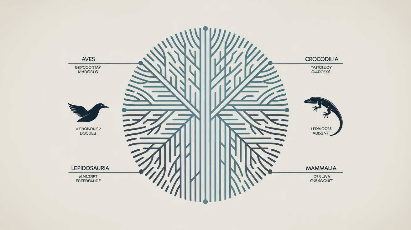 A modern, professionally designed cladogram chart showing evolutionary relationships with clean lines, modern text labels, and minimalist icons on a light background.