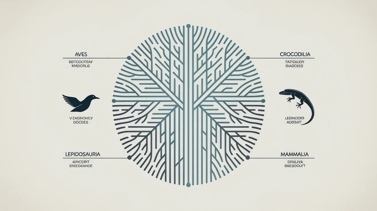 A modern, professionally designed cladogram chart showing evolutionary relationships with clean lines, modern text labels, and minimalist icons on a light background.