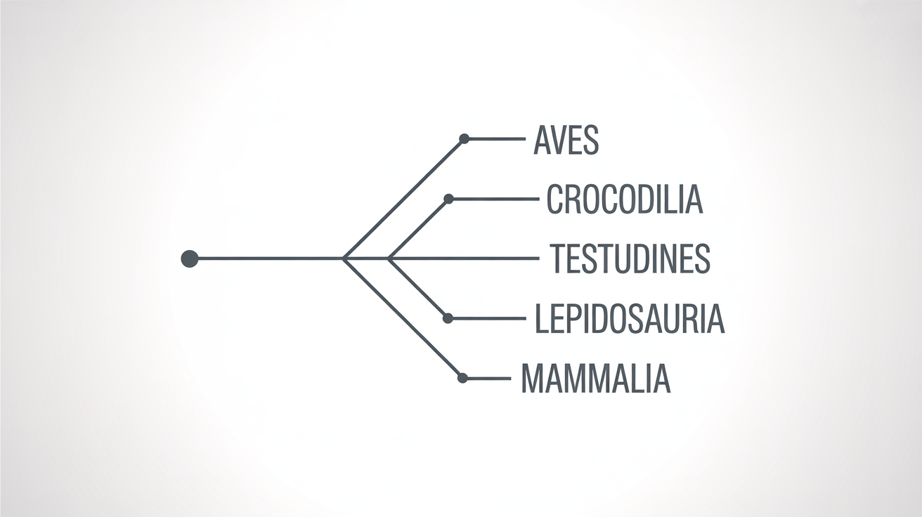 A clean, modern cladogram diagram showing the evolutionary relationships between groups like birds (Aves), crocodiles (Crocodilia), and mammals (Mammalia), set against a plain white background.