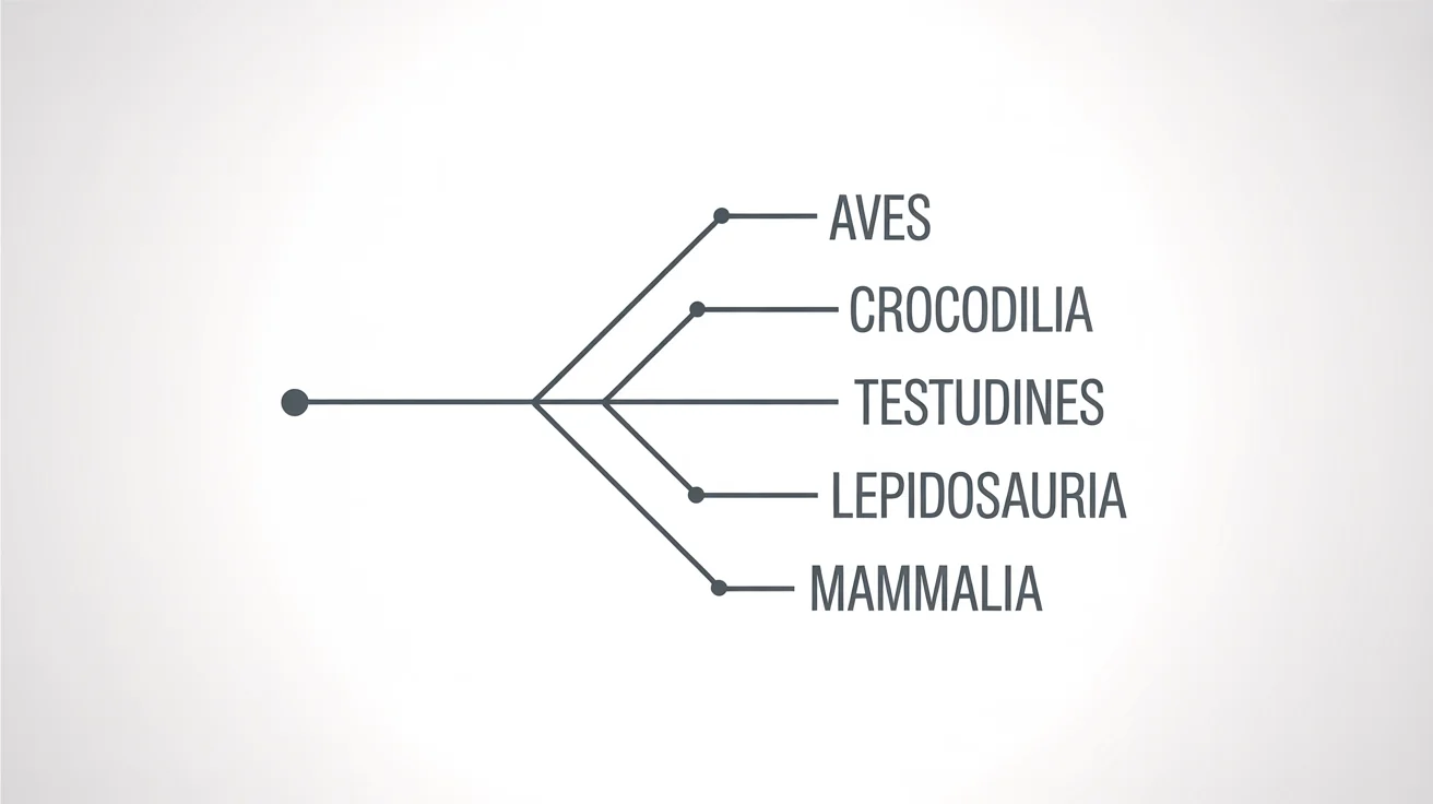 A clean, modern cladogram diagram showing the evolutionary relationships between groups like birds (Aves), crocodiles (Crocodilia), and mammals (Mammalia), set against a plain white background.