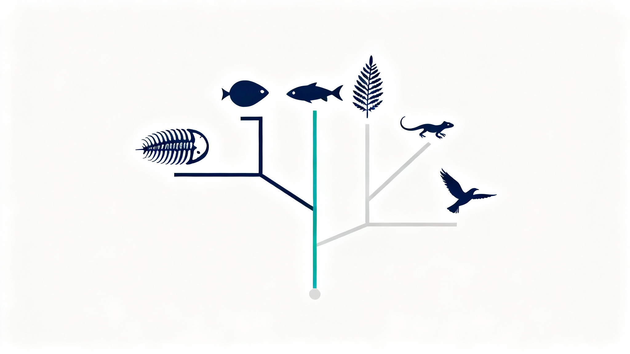 A modern, minimalist cladogram showing evolutionary branches with silhouettes of a fossil, fish, fern, lizard, and bird, set against a white background.