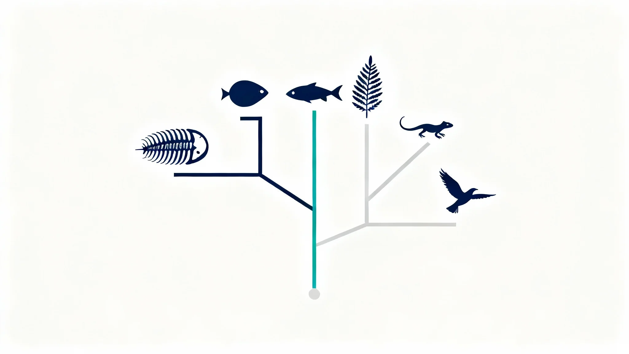 A modern, minimalist cladogram showing evolutionary branches with silhouettes of a fossil, fish, fern, lizard, and bird, set against a white background.