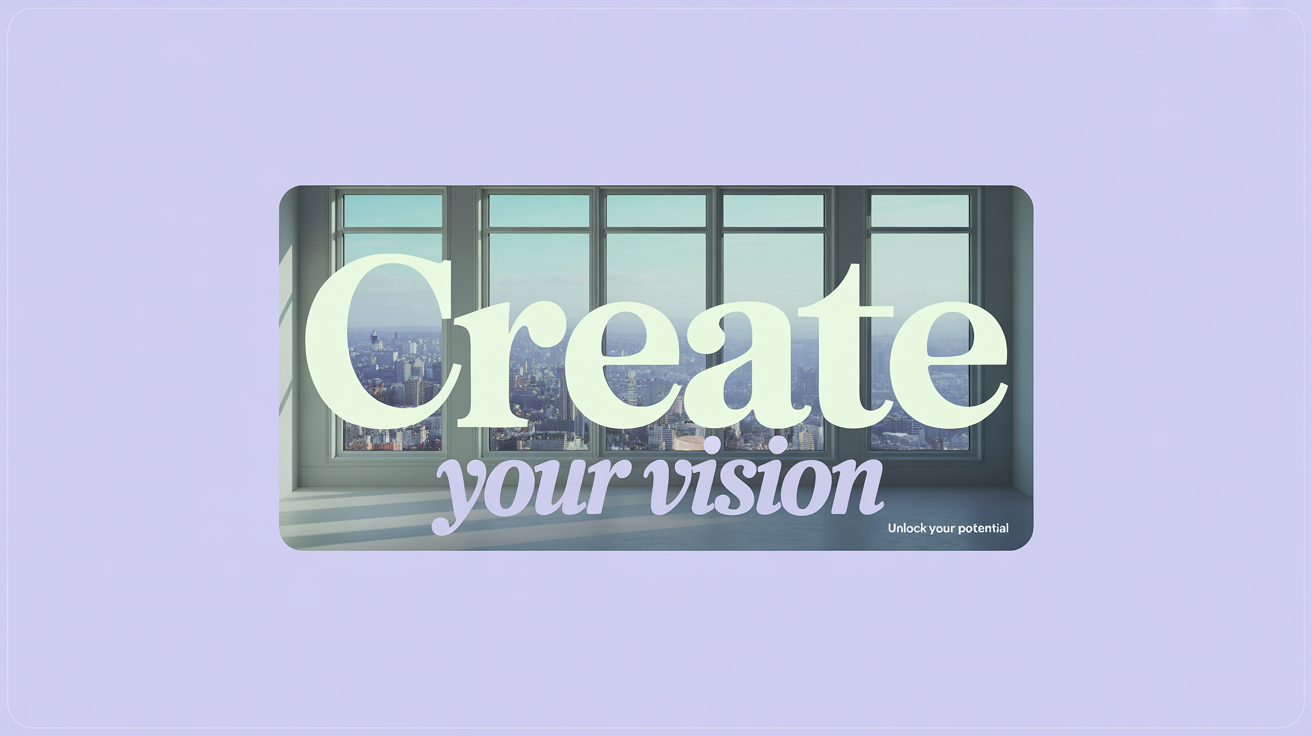 A polished hero image showing an artist's sunlit studio with the words 'CREATE your vision' overlaid in stylish fonts, demonstrating the final output of a text overlay tool.