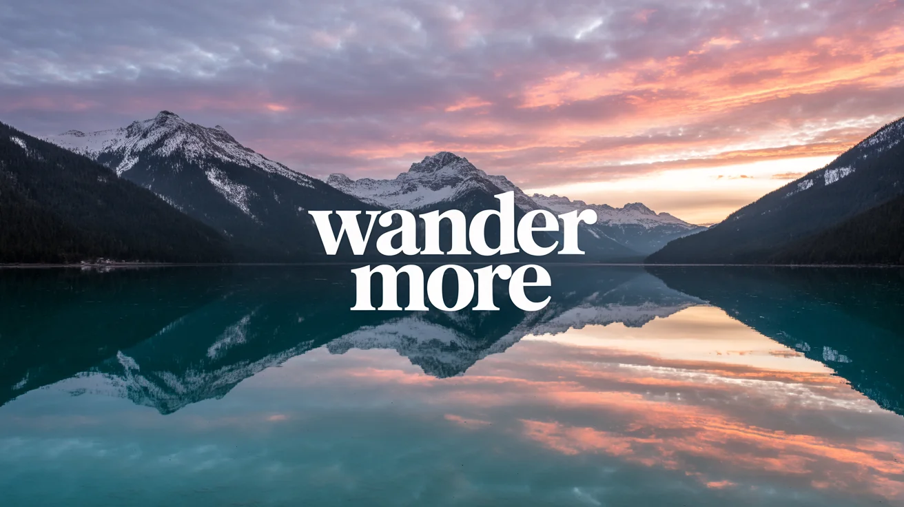 A mockup demonstrating a text overlay feature, showing a beautiful mountain lake at sunrise with the words 'WANDER MORE' in elegant white text on top.