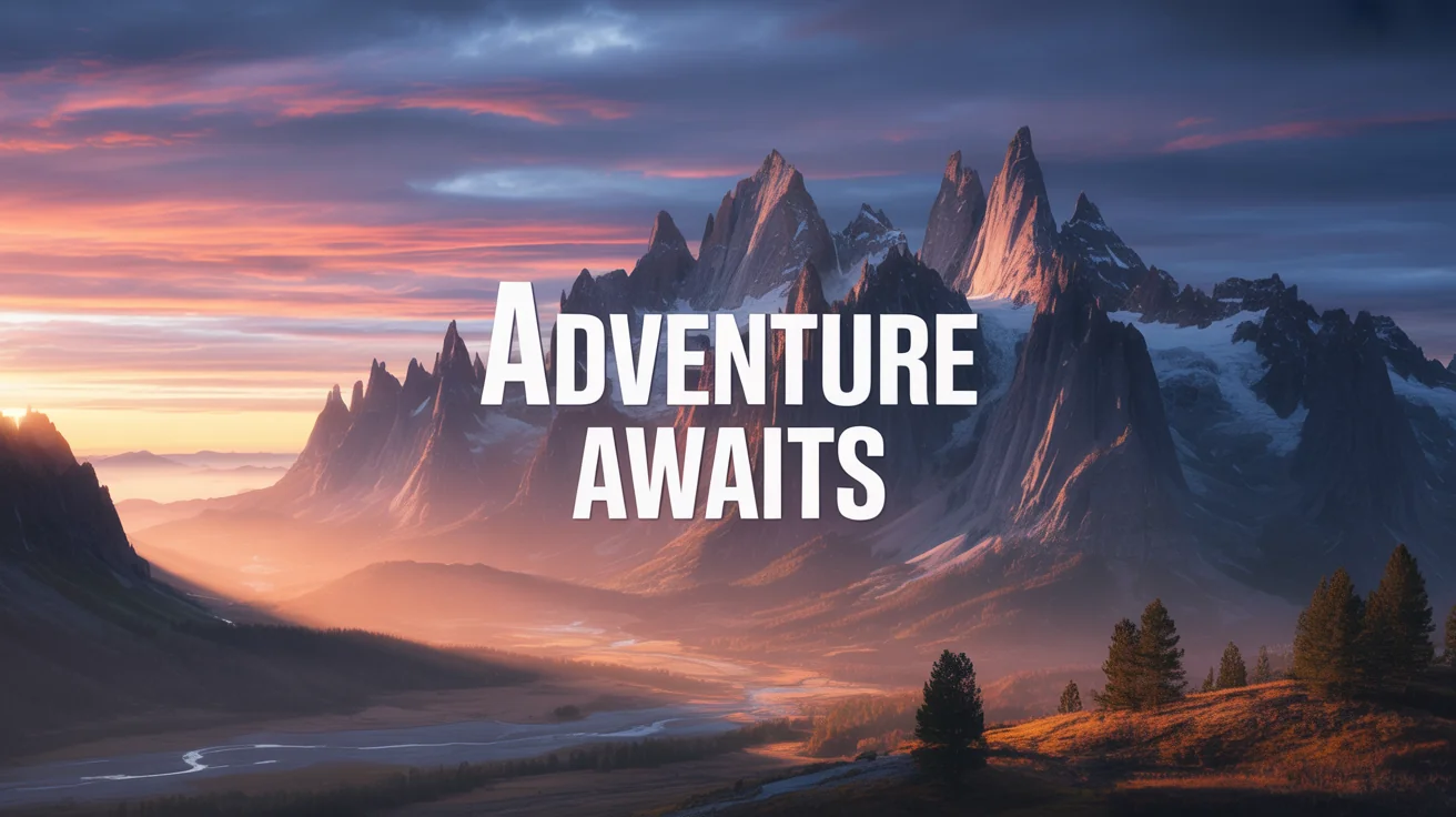 An inspiring image of a mountain range at sunrise with the words 'ADVENTURE AWAITS' overlaid in the center in a bold white font.