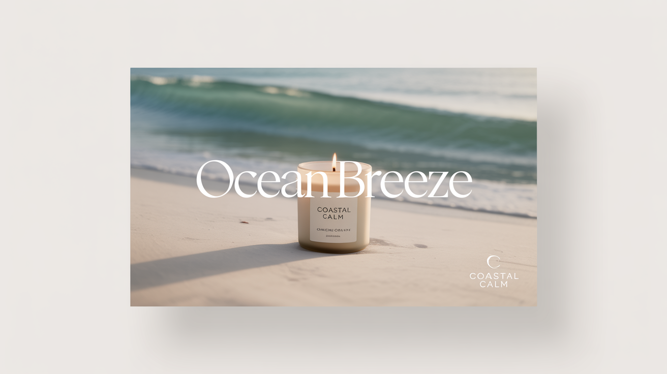 A mockup of a text overlay showing a beautiful ocean wave with the words 'OCEAN BREEZE' in elegant white font overlaid on top, all against a clean white background.
