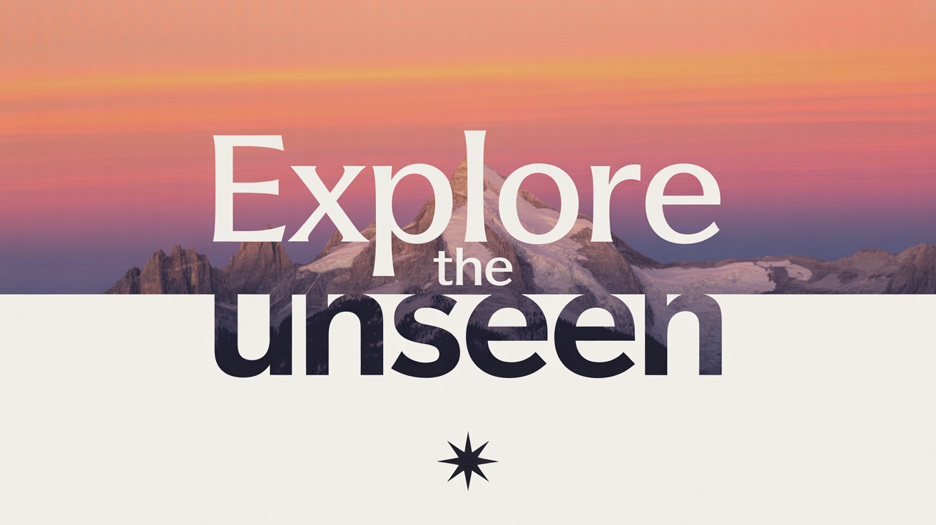 A mockup demonstrating text overlay, showing a beautiful sunset photo of mountains with the words 'Explore The Unseen' written in the center in a clean white font.