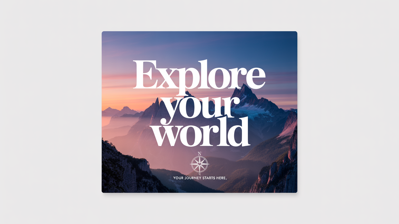 A mockup demonstrating a text overlay effect. The words 'Explore Your World' in white text are placed over a beautiful photograph of a mountain range at sunrise. The entire image is on a clean white background.