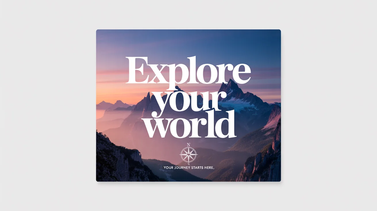 A mockup demonstrating a text overlay effect. The words 'Explore Your World' in white text are placed over a beautiful photograph of a mountain range at sunrise. The entire image is on a clean white background.