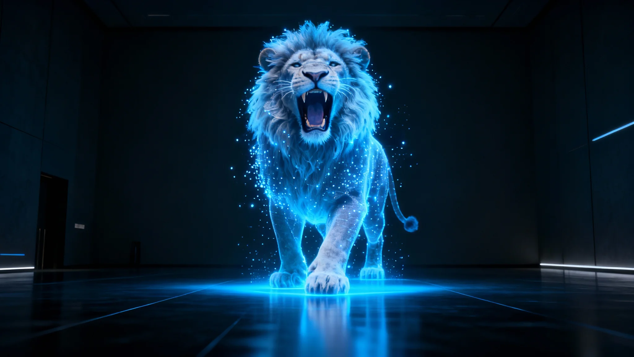 An eye-catching hero image showing the final result of a 3D hologram tool: a detailed, roaring lion made of glowing blue light, projected in a dark, modern room.