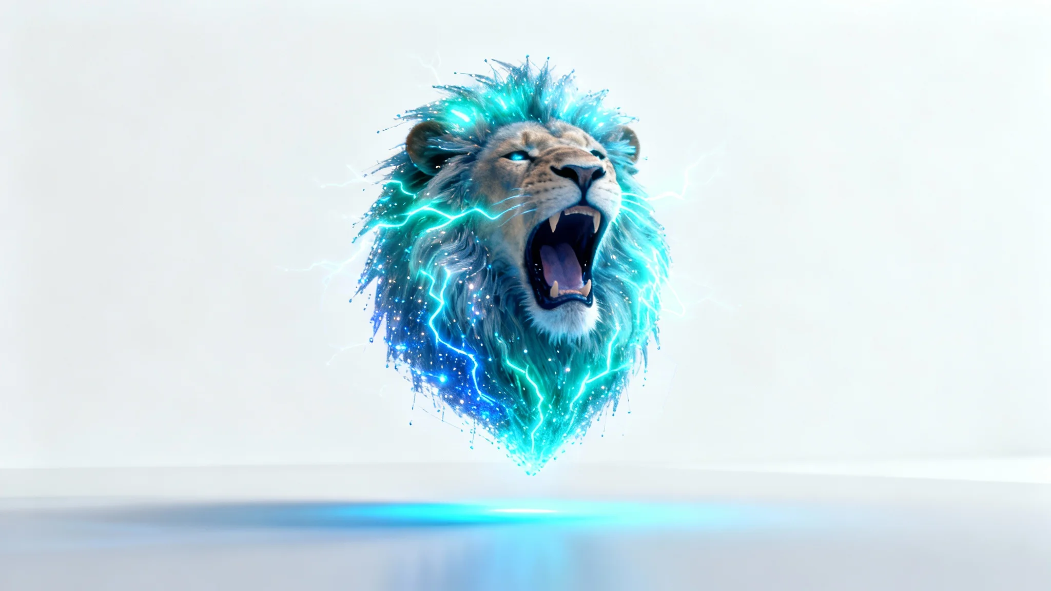 A high-tech 3D hologram of a roaring lion's head, made of glowing blue light particles, floating against a clean white background.