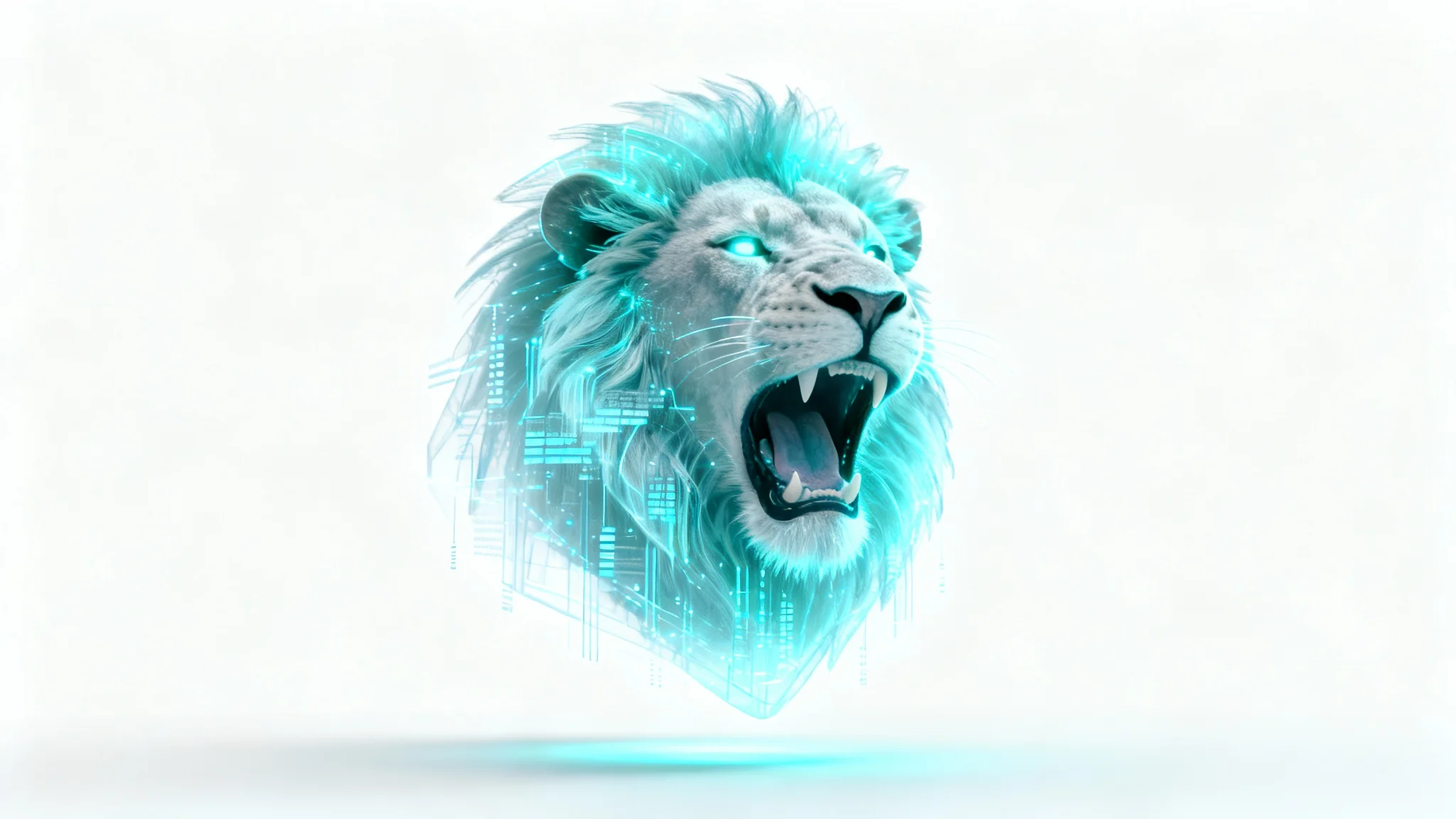 A high-tech, photorealistic 3D hologram of a roaring lion's head, glowing with vibrant blue and cyan light, projected against a plain white background.