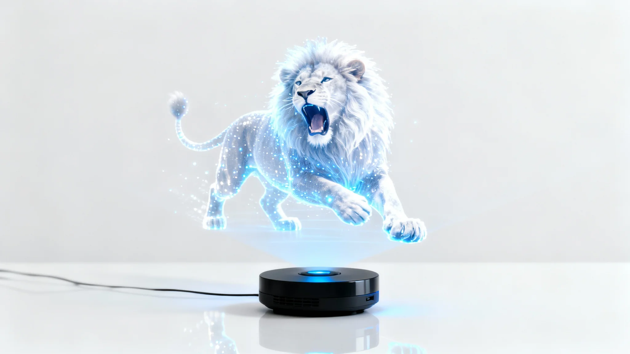 A glowing blue 3D hologram of a roaring lion is projected from a small black circular device, set against a stark white background.