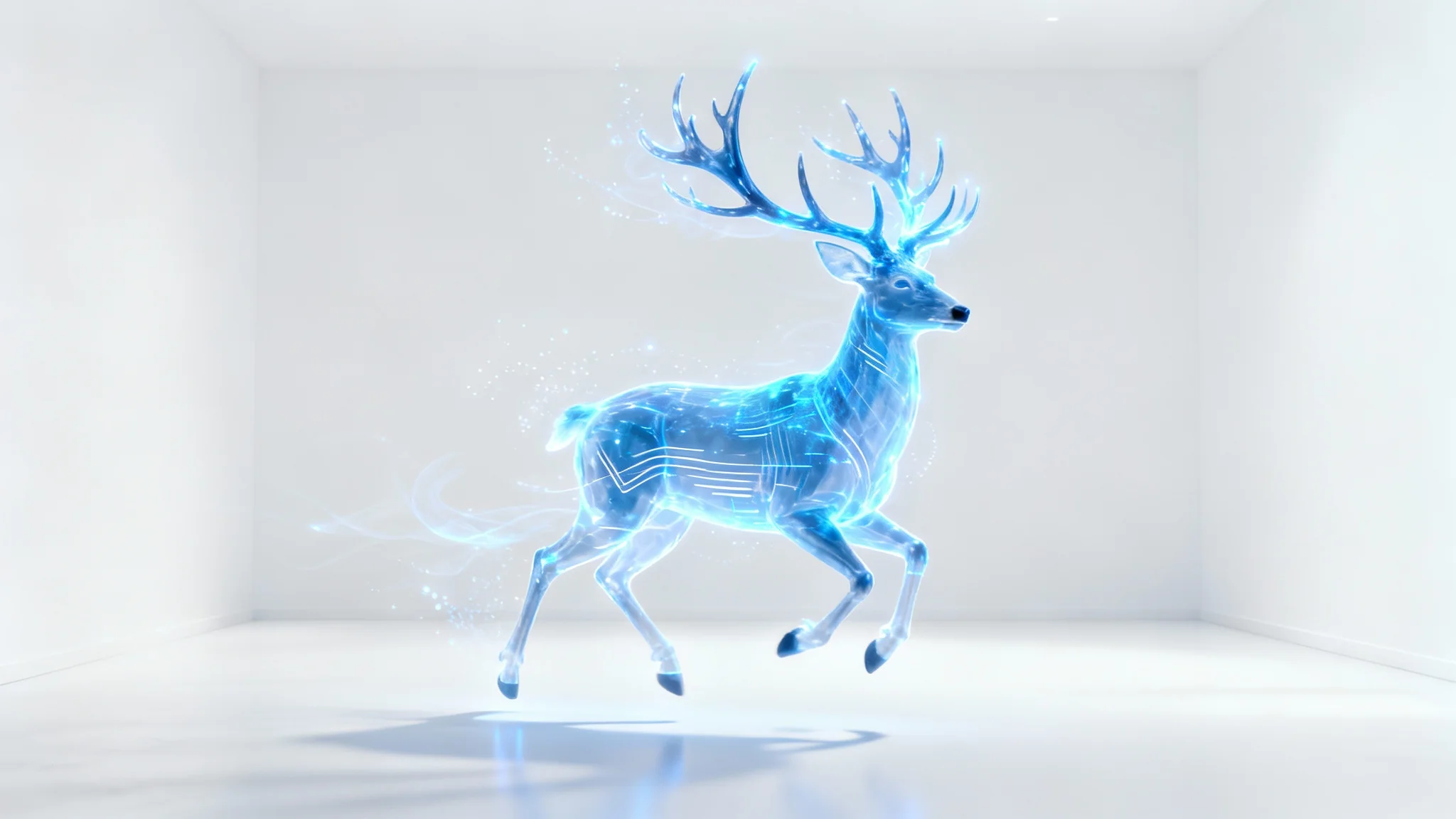 A high-tech 3D hologram of a glowing blue stag, appearing to float in mid-air against a clean white background.