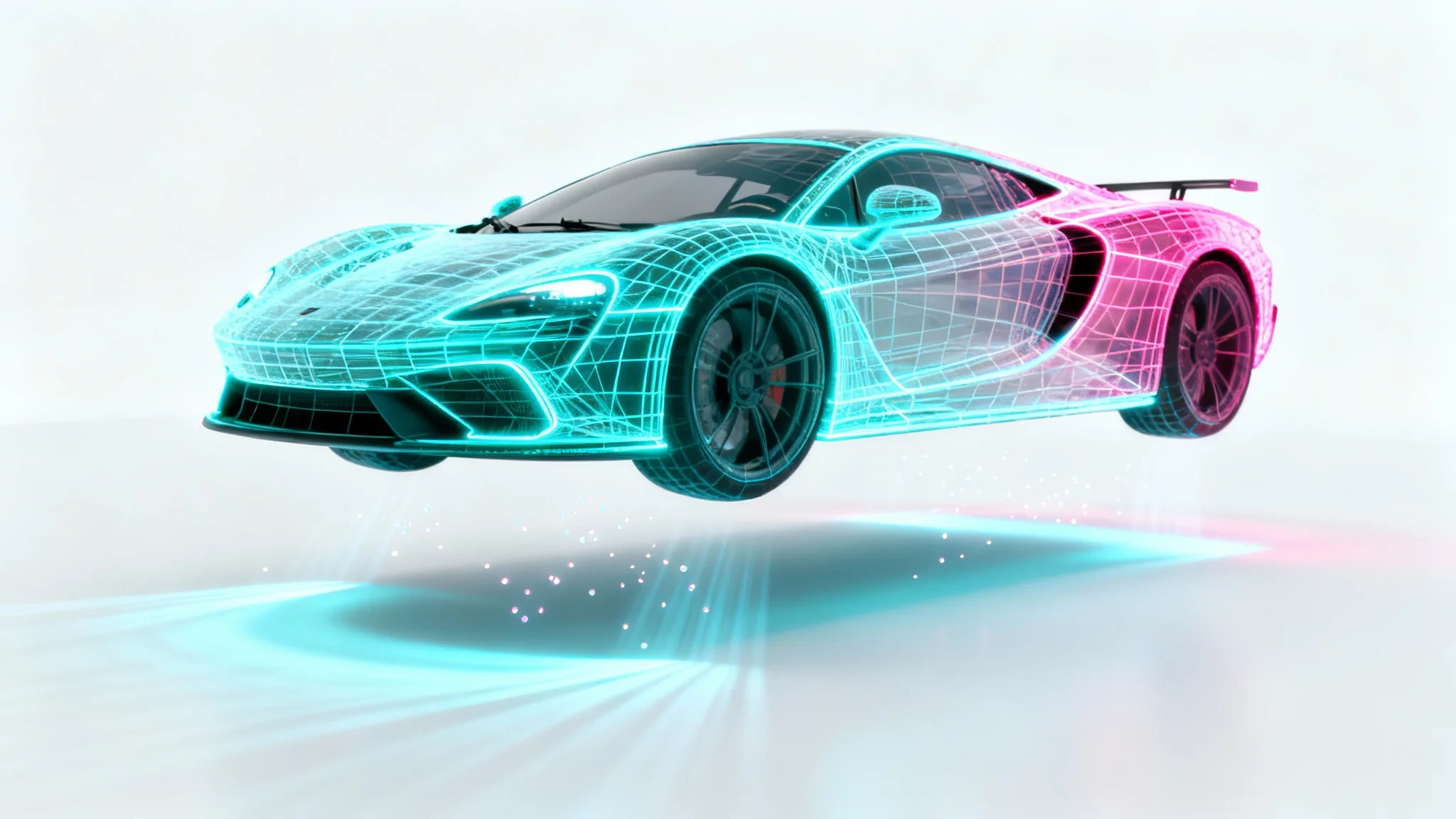 A photorealistic mockup of a futuristic sports car as a 3D hologram, glowing with cyan and magenta light, floating in a clean white space.