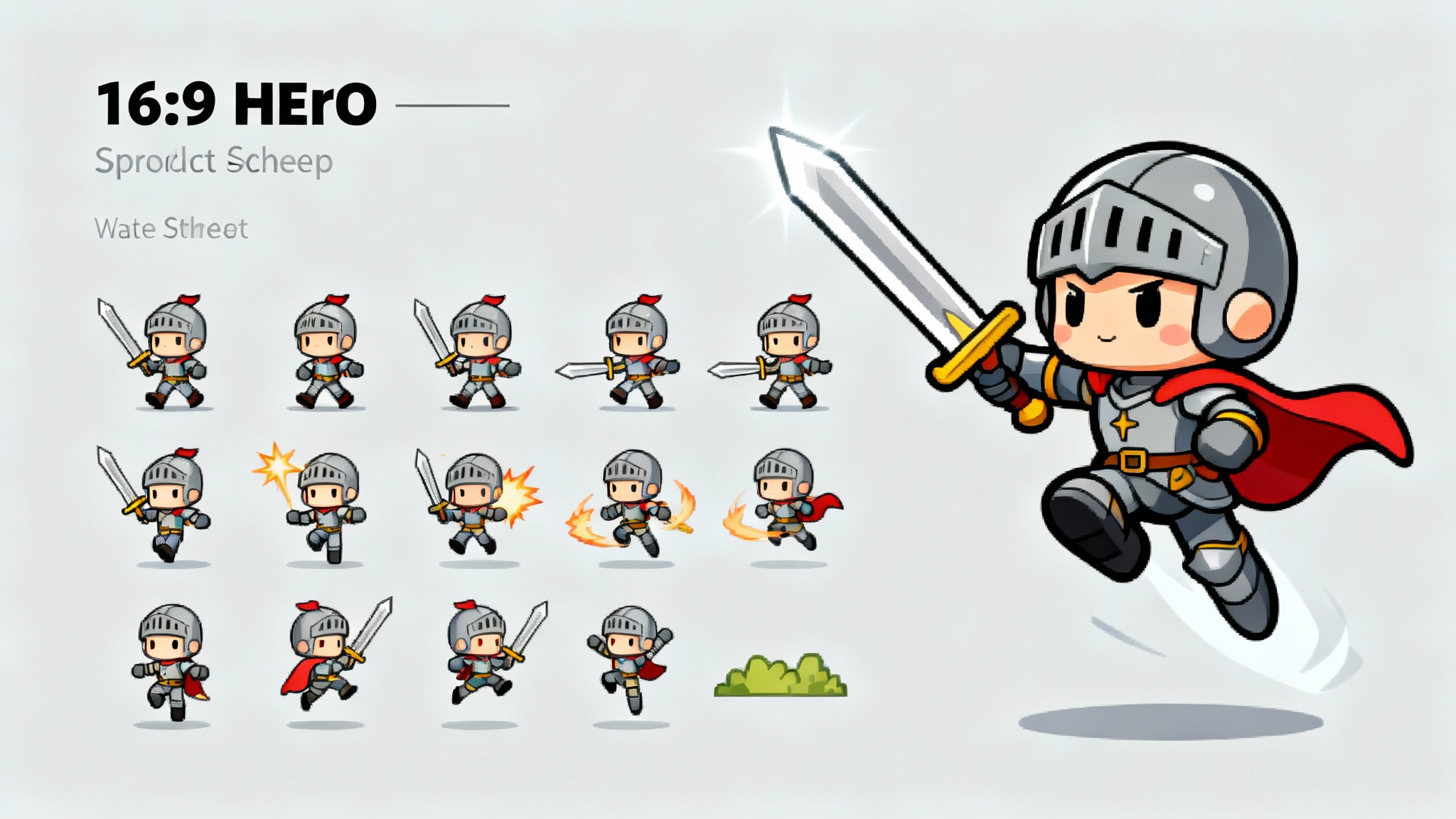A finished sprite sheet for a cute knight character, displaying animation frames for walking and attacking. A larger version of the knight is shown in an action pose next to the sheet, all on a clean background.
