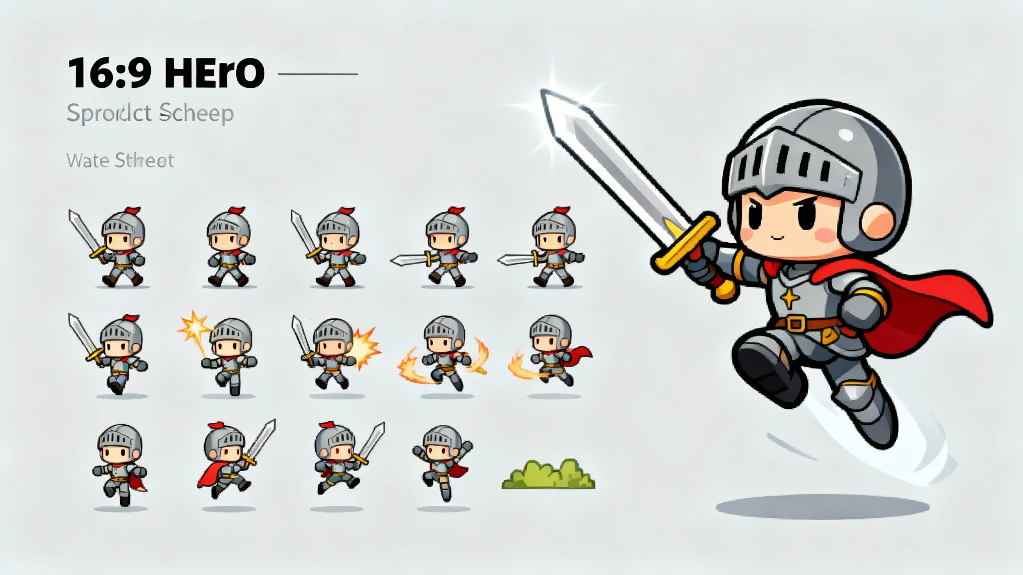A finished sprite sheet for a cute knight character, displaying animation frames for walking and attacking. A larger version of the knight is shown in an action pose next to the sheet, all on a clean background.