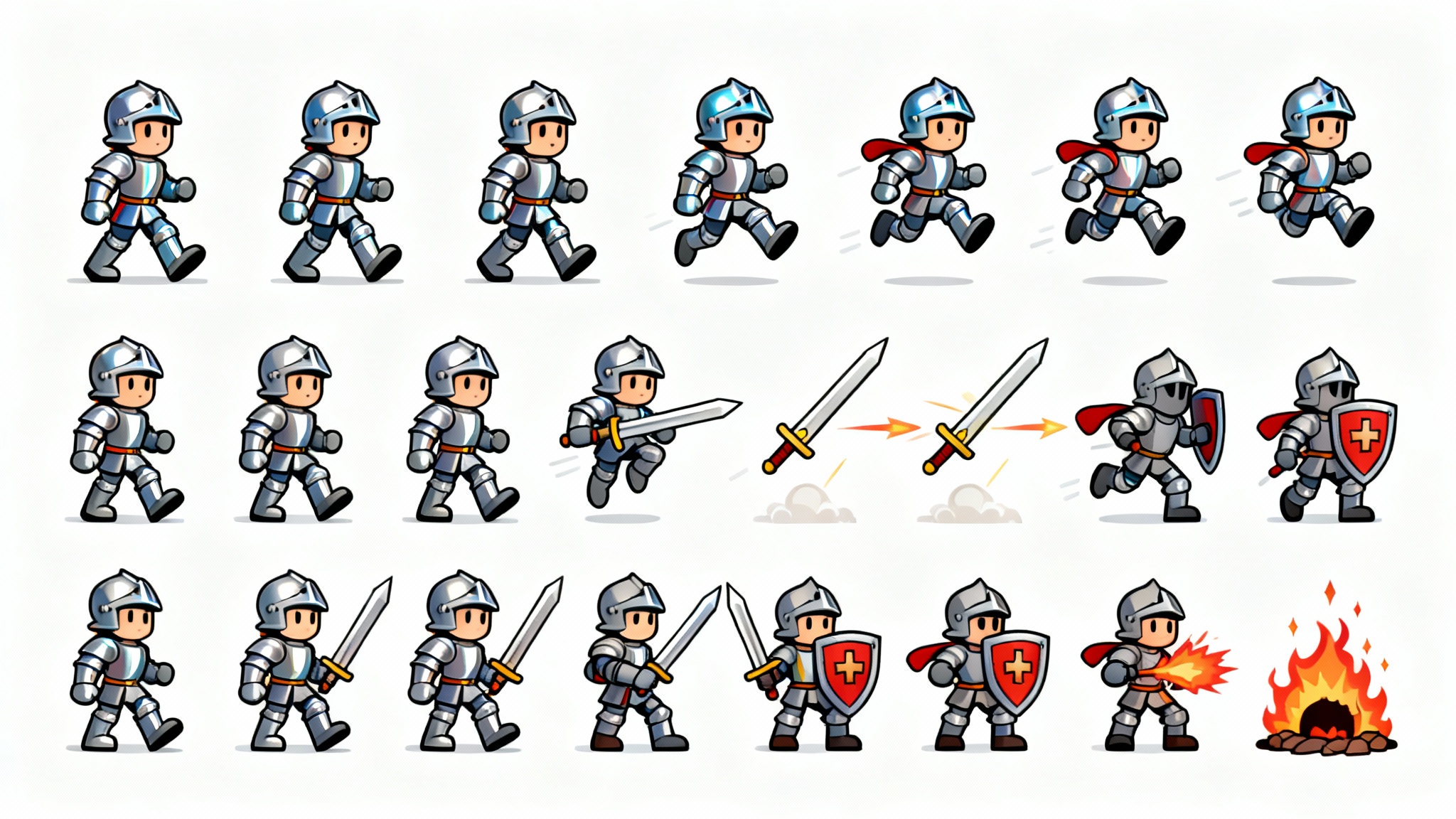 A sprite sheet showing a cartoon knight character in various animation poses, such as walking, running, jumping, and attacking, arranged in a grid on a white background.