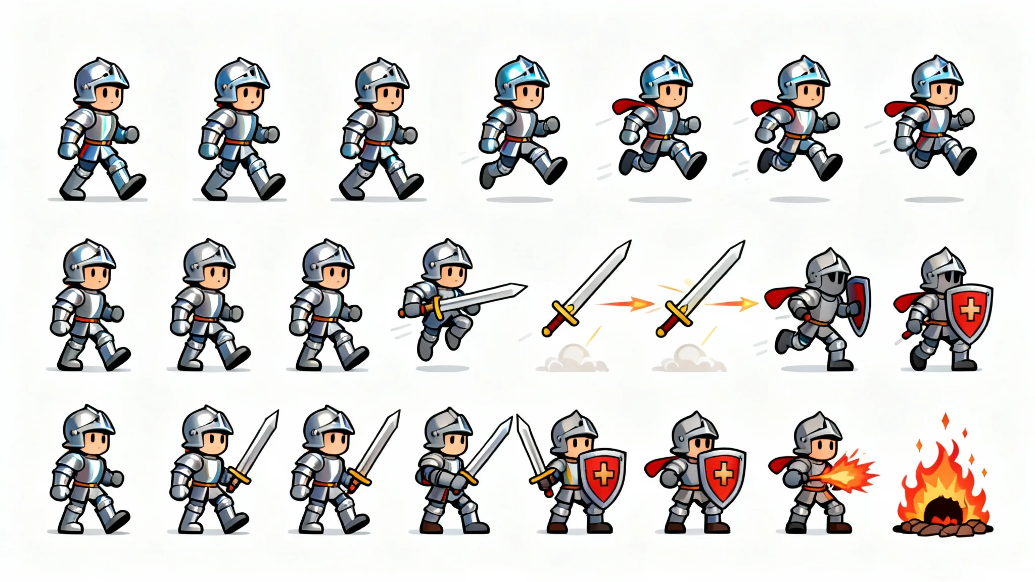 A sprite sheet showing a cartoon knight character in various animation poses, such as walking, running, jumping, and attacking, arranged in a grid on a white background.